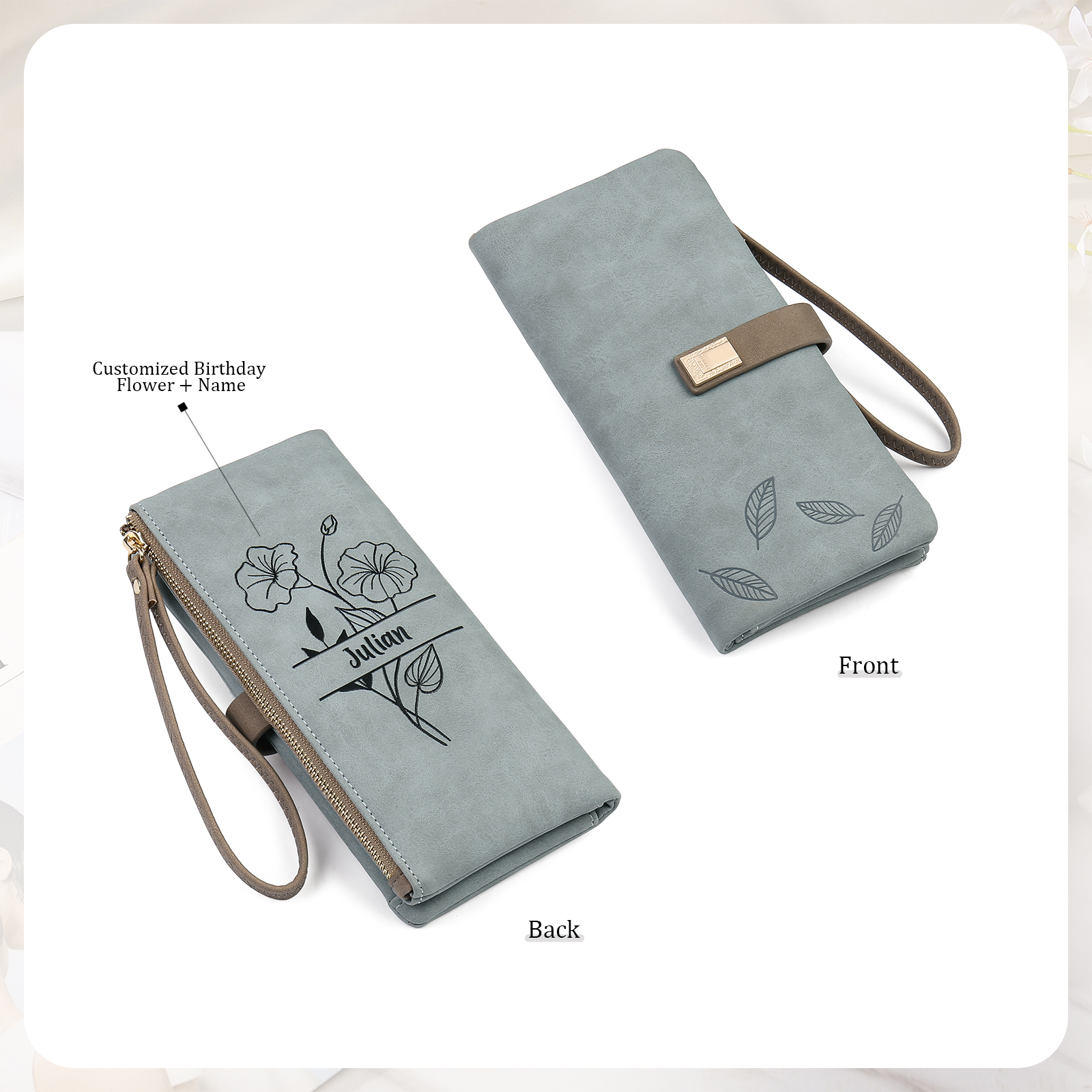 Custom Purse-Personalised Women's Wallet Customized Birth Flower and Name Zipper Women's Wallet