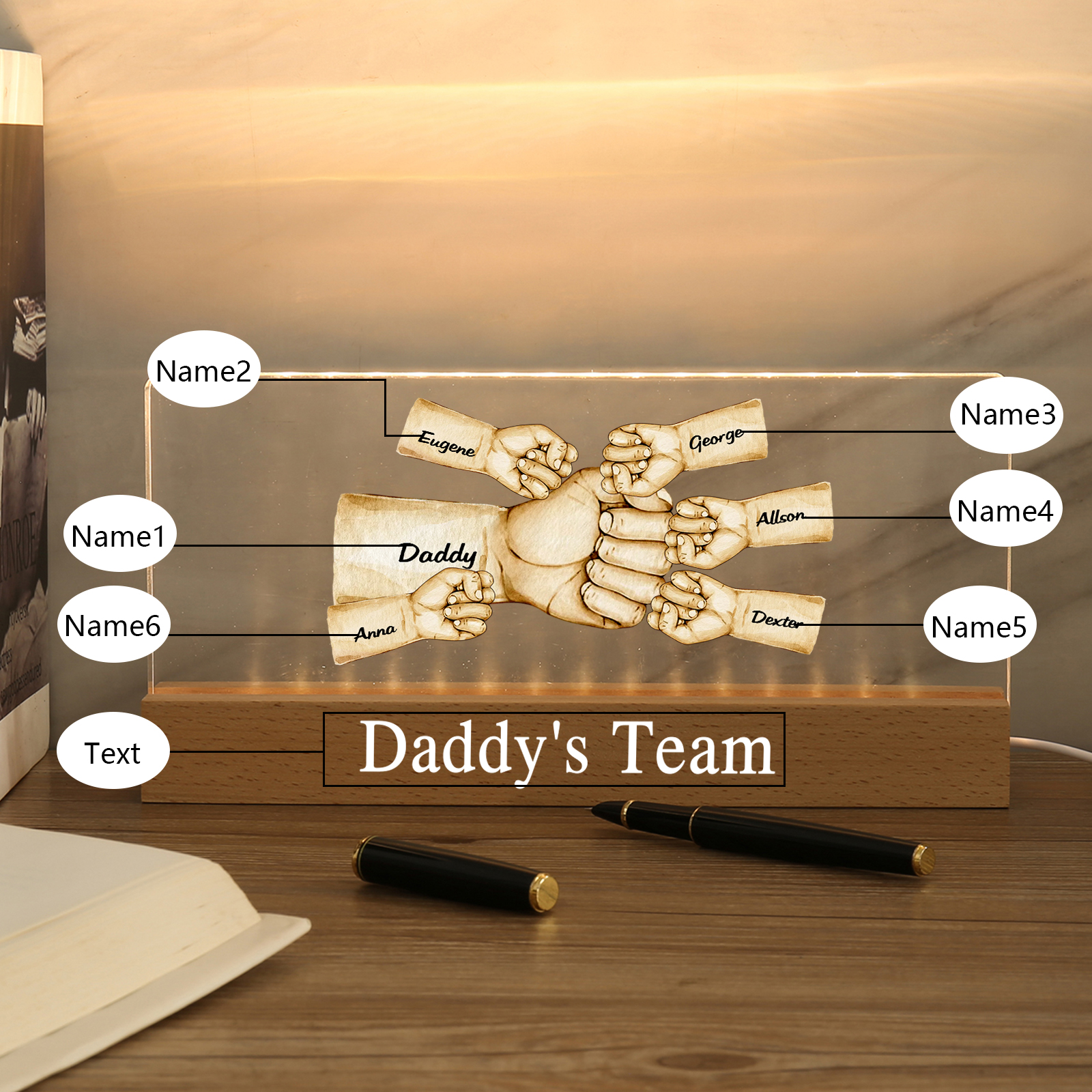 6 Names - Personalised Fist Bump Pattern Table Lamp Customized Text Father's Day Gift for Dad