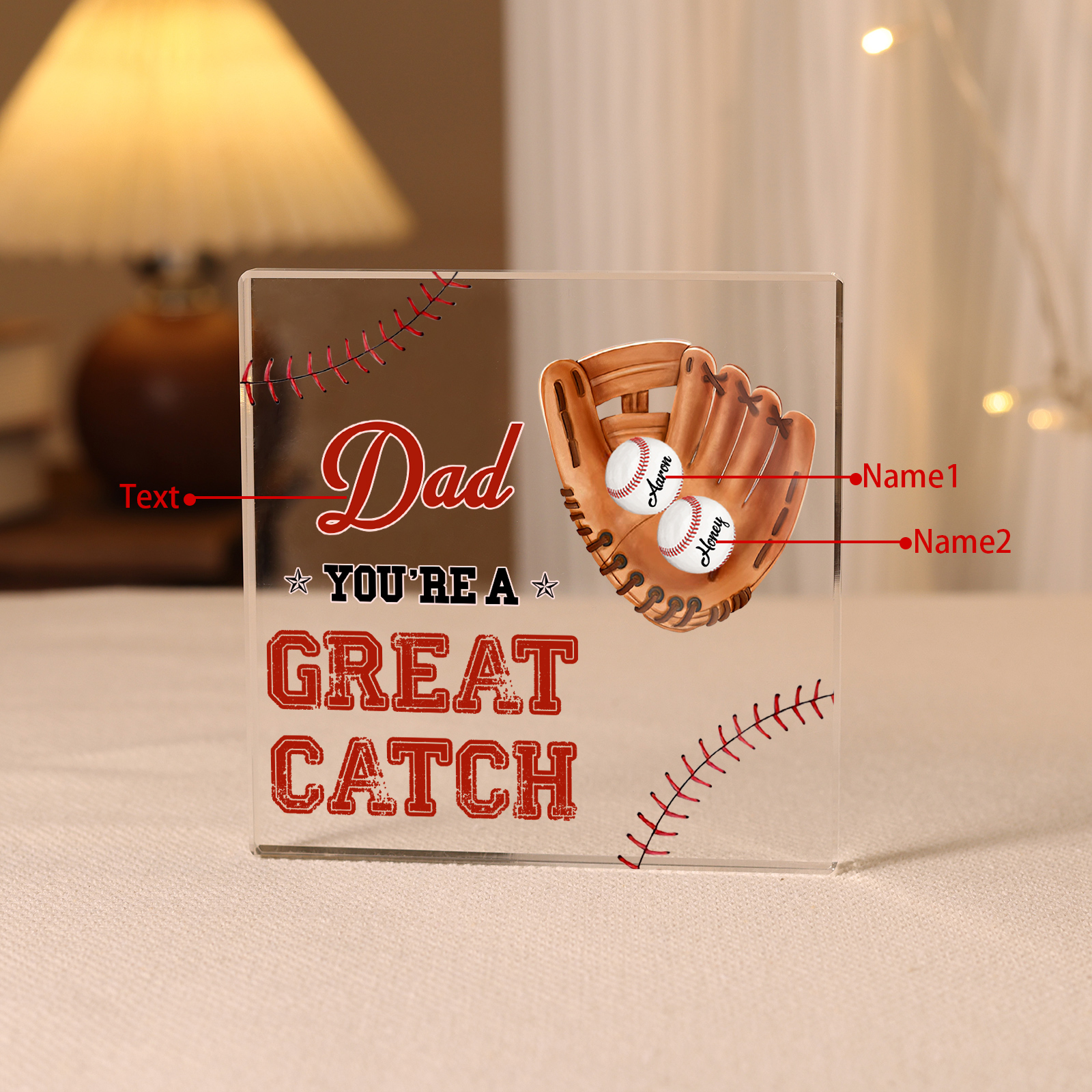 2 Names - Personalised Baseball Acrylic Keepsake Customized Name and Text Acrylic Plaque Ornament Father's Day Gift for Dad