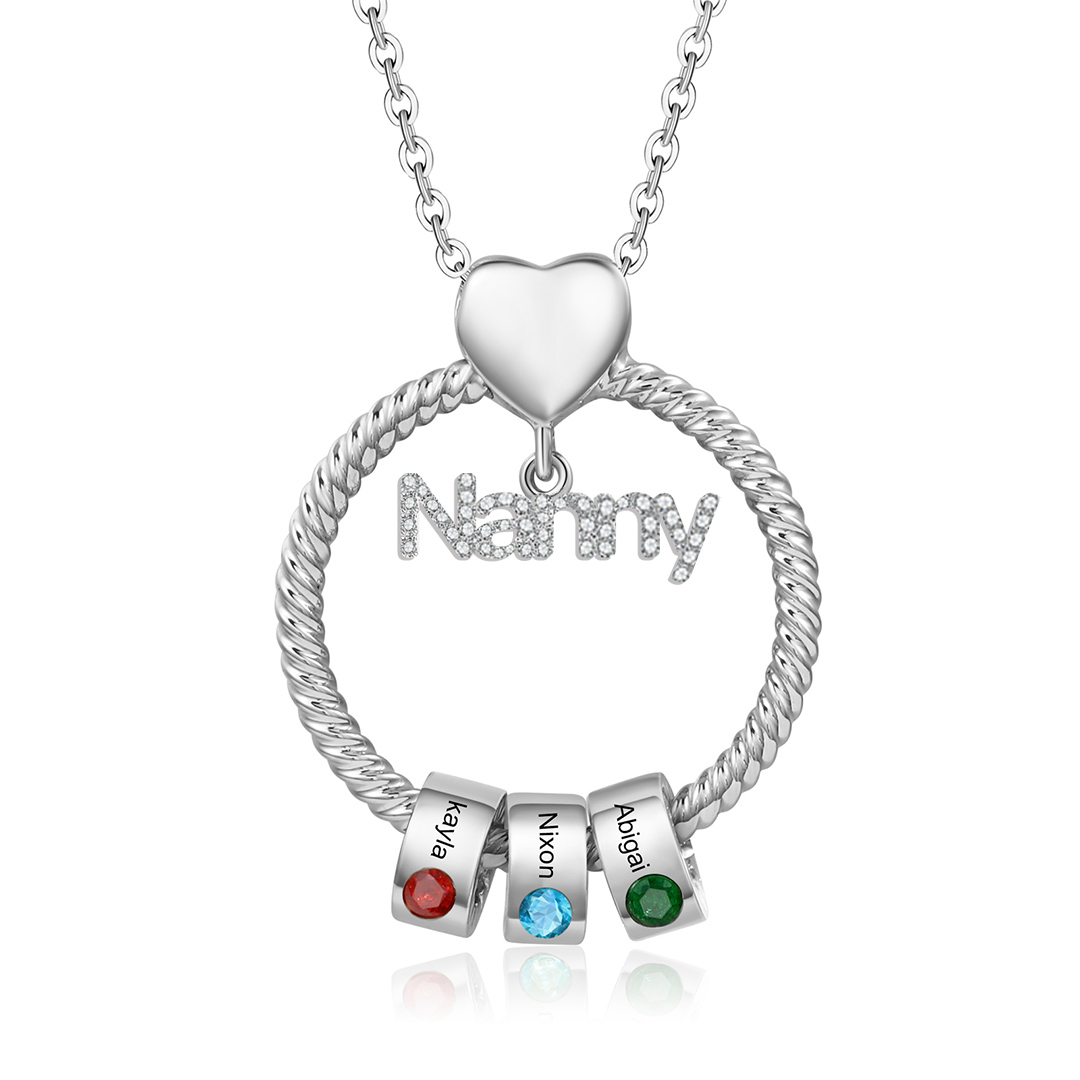 3 Names-Personalised Nanny Circle Necklace With 3 Birthstones Pendant Engraved Names Gift For Nanny