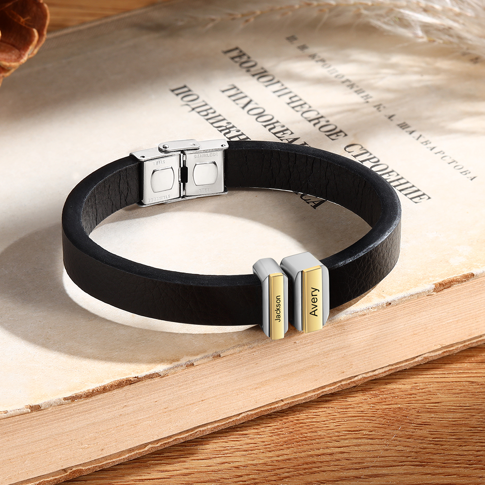 2 Names Personalised Stainless Steel Leather Bracelet Engraved Name Men's Bracelet Gift for Dad