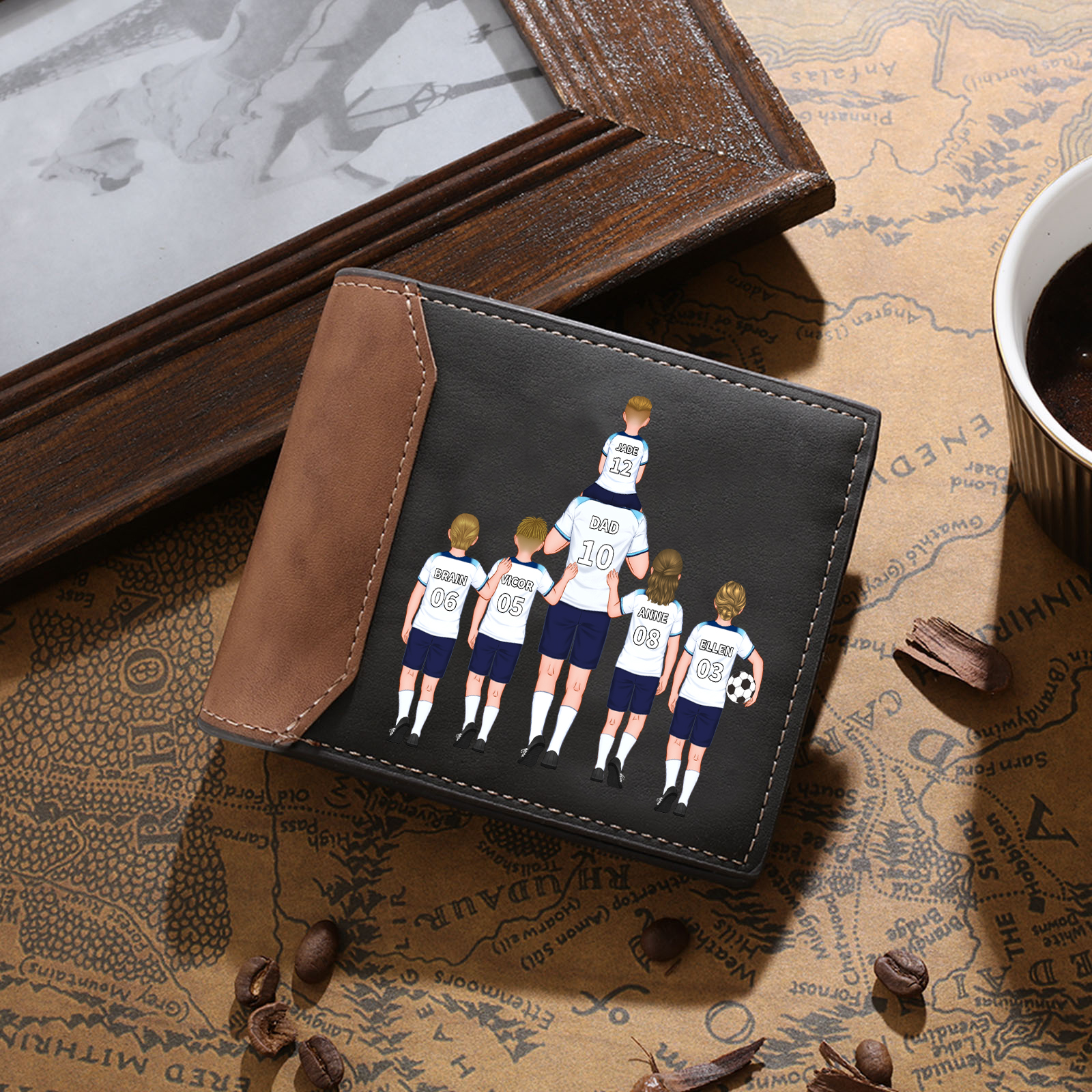 Personalised Football Family Leather Men's Wallet With Custom 1-8 Kid's Names Various Designs Christmas Gift For Dad | Jessemade