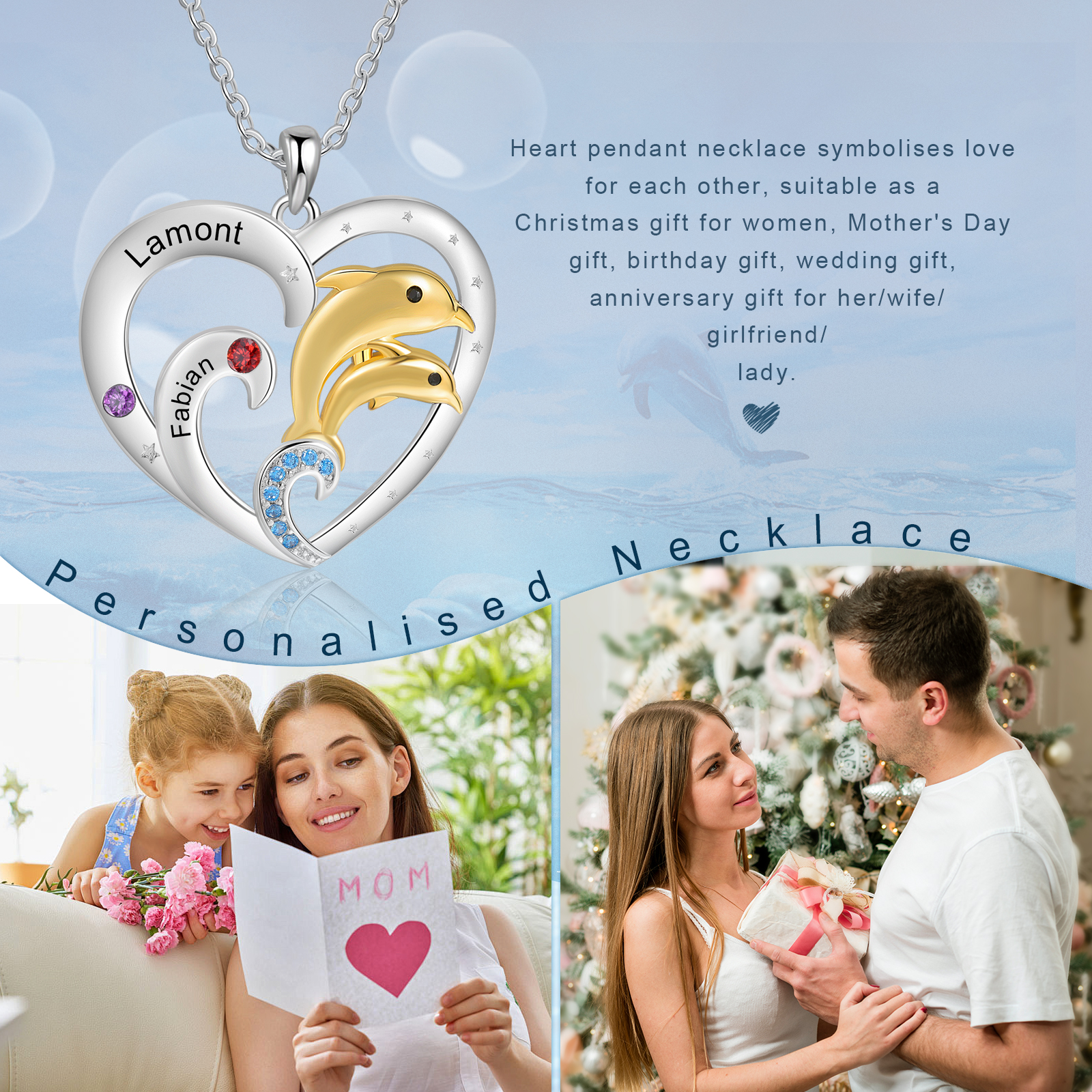 2 Names - Personalised Beautiful Dolphin Heart Necklace with Customized Name and Birthstone Gift for Her