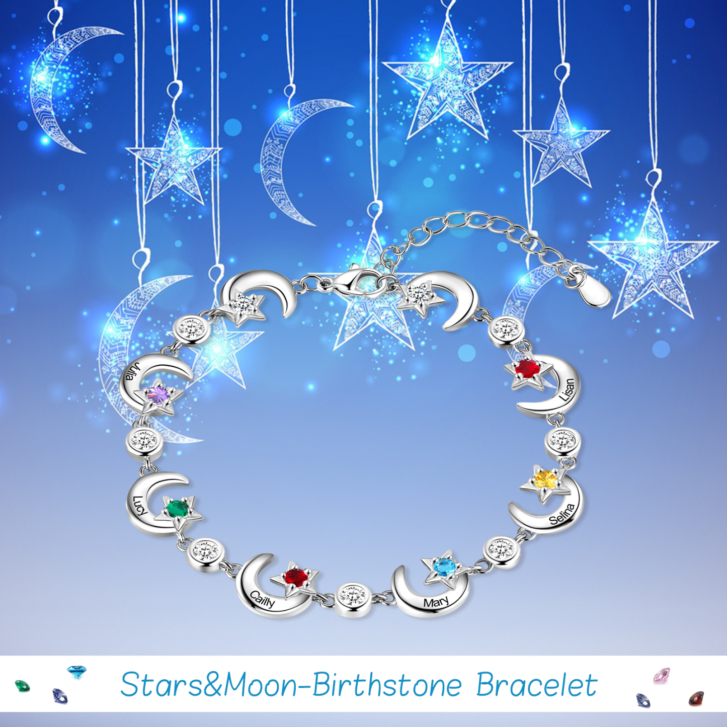 6 Names-Personalised Moons And Stars Bracelet With 6 Birthstones Custom Names Bracelet Gift For Women