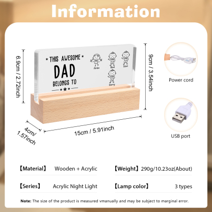 4 Names & Doll Gender - Personalised Lamp -This Awesome Dad  Belongs To - Father's Day Gift for Dad