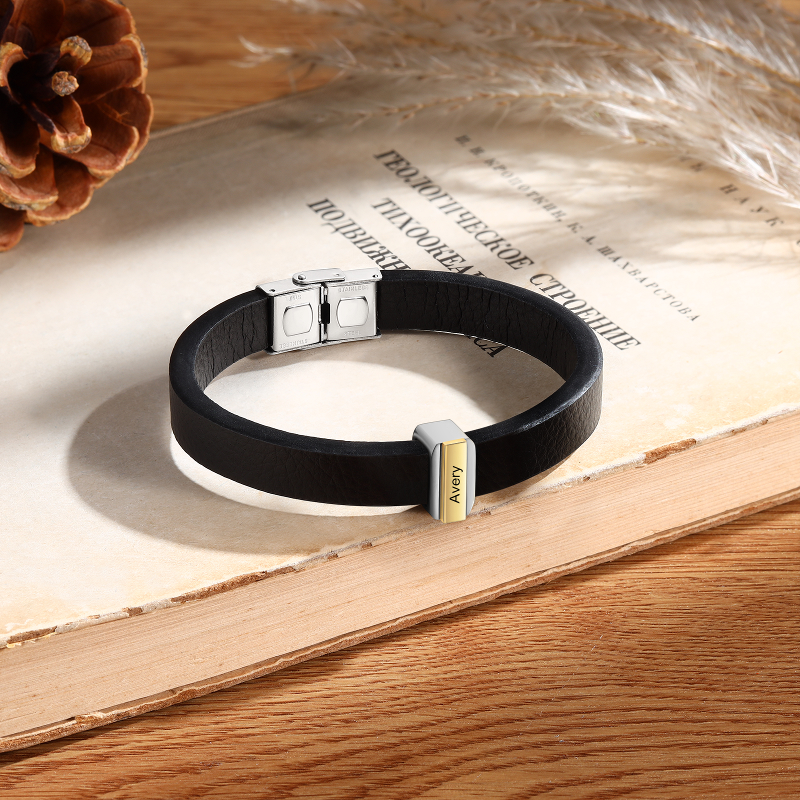 1 Name Personalised Stainless Steel Leather Bracelet Engraved Name Men's Bracelet Gift for Dad