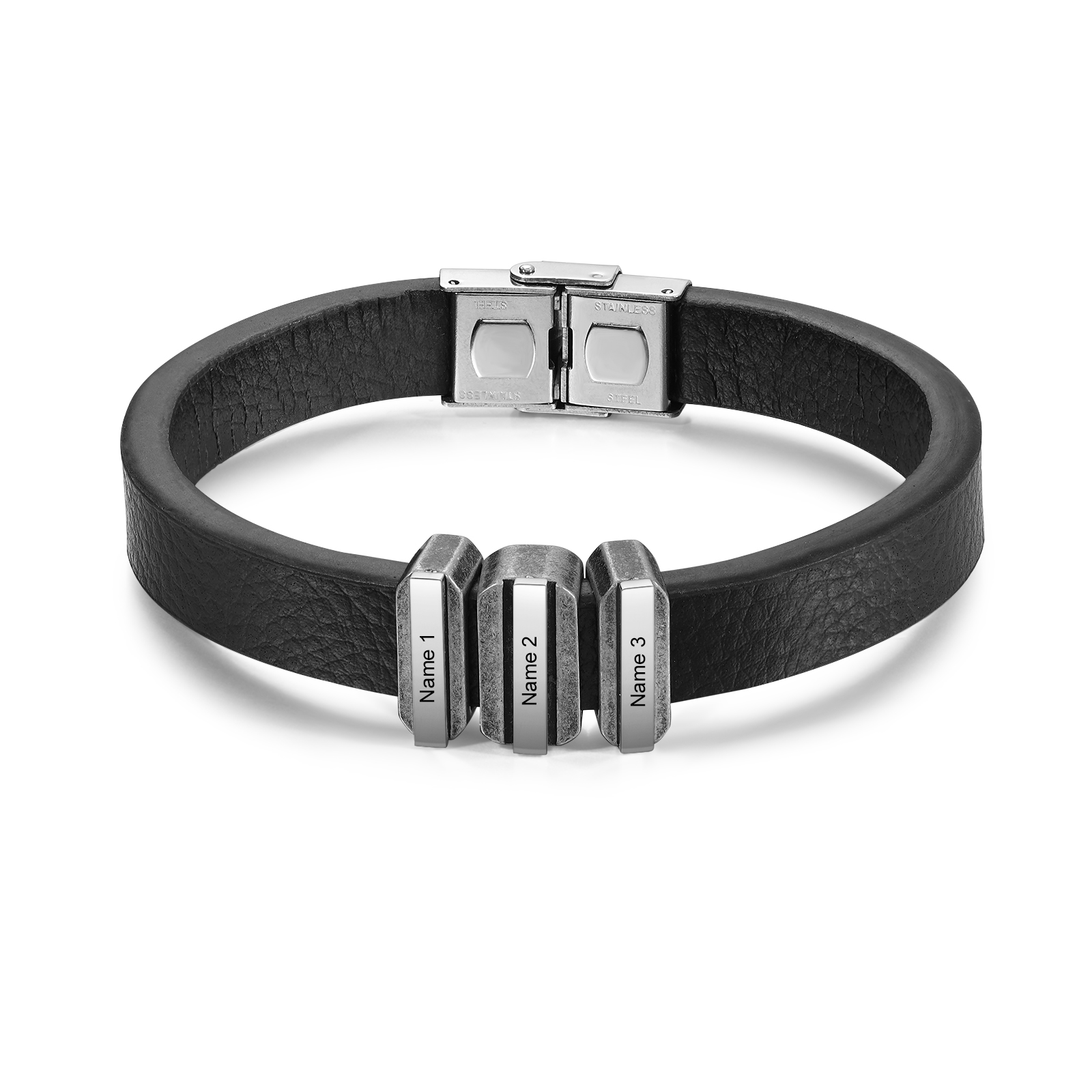 3 Names Personalised Stainless Steel Leather Bracelet Engraved Name Men's Bracelet Gift for Dad