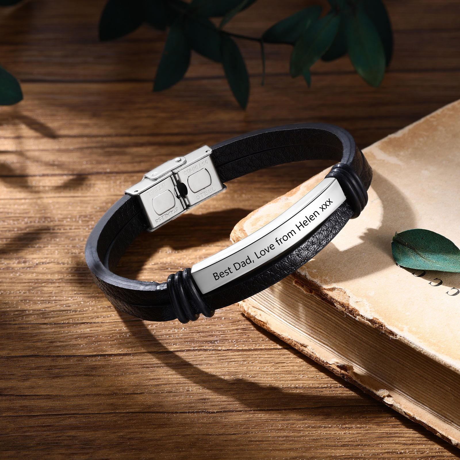Personalised Text Black Leather Bracelet Men's Bracelet Father's Day Gift for Dad