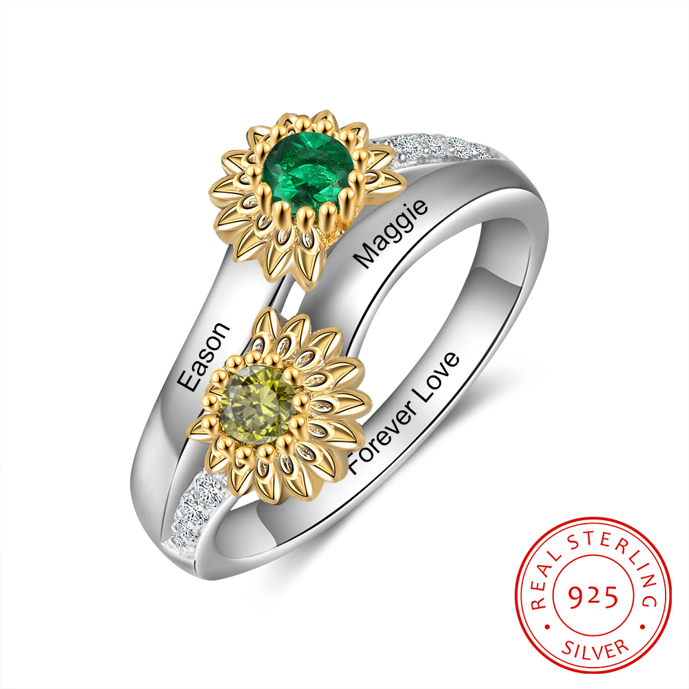 Personalised Sunflower Ring With 2 Birthstones Engraved Names Ring Gift For Women | Jessemade