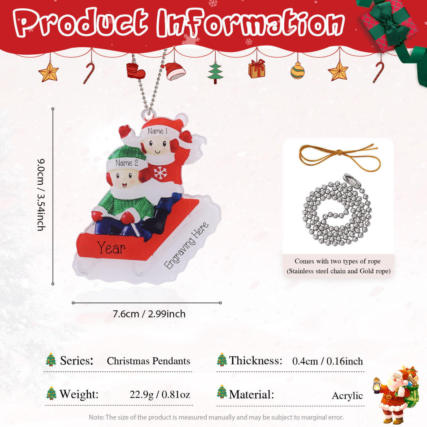 2 Names-Personalised Family Acrylic Christmas Xmas Tree Decoration Ornament-Custom 2 Names And Text Hanging Ornament Gifts For Family