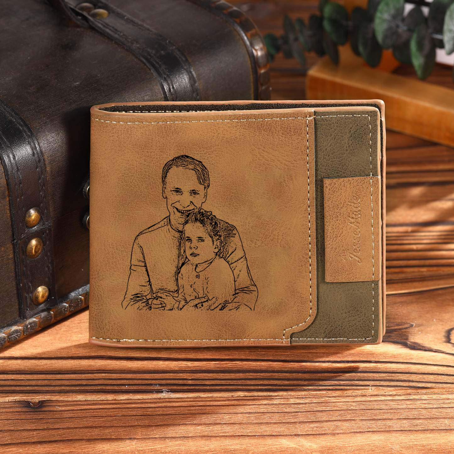 3 Names - Personalised Fist Bump Photo Custom Leather Men's Wallet as a Father's Day Gift for Dad