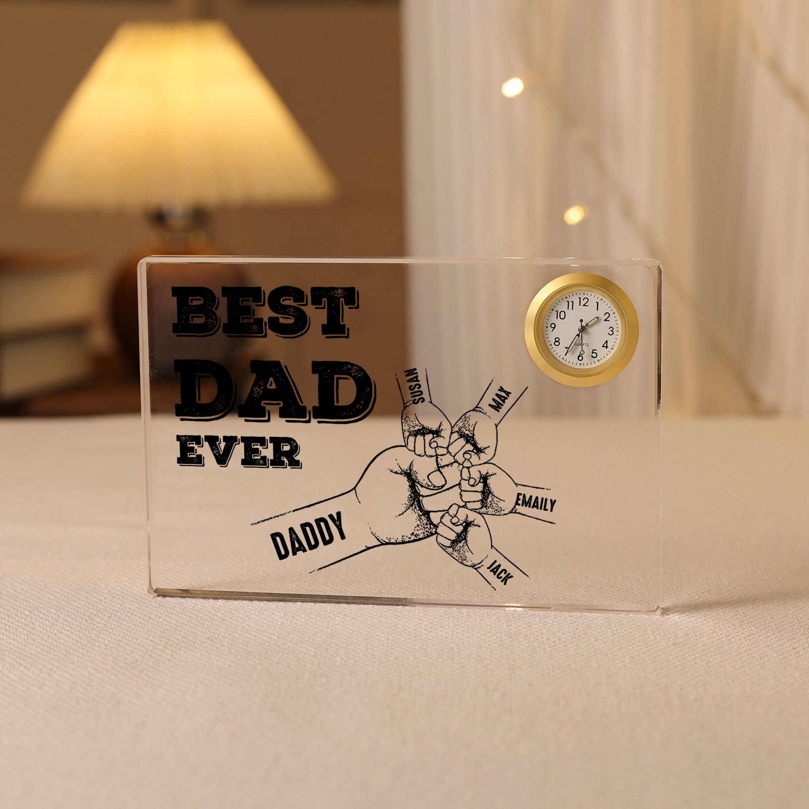 5 Names - Personalised Fist Bump Pattern Custom Name Acrylic Rectangular Clock Ornament Father's Day Gift