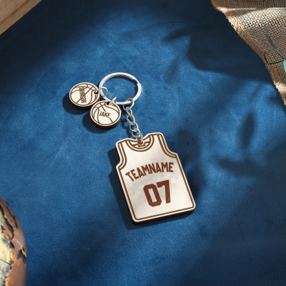 Personalised Text & Numbers & 2 Names Wooden Basketball Keyring for Him