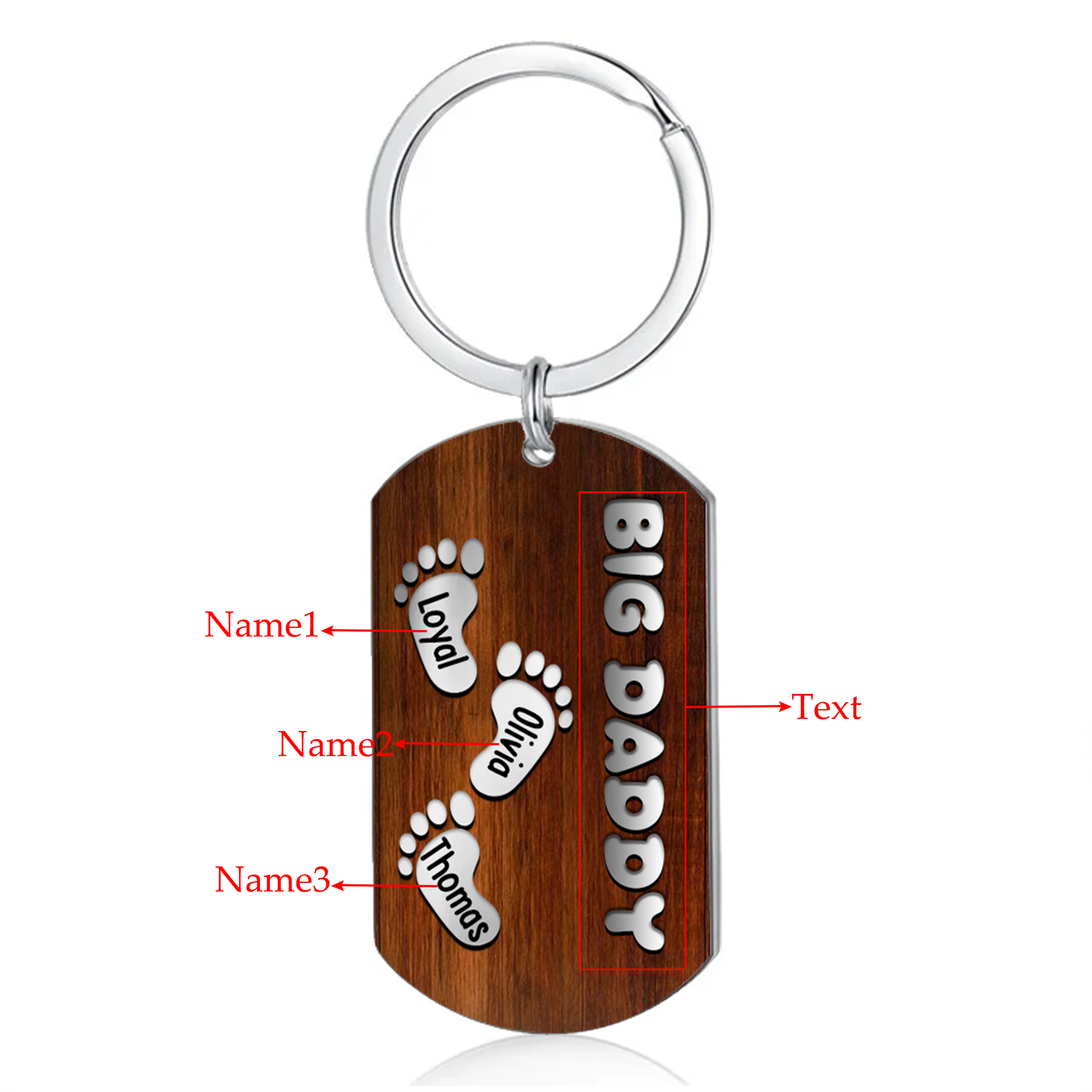 3 Names - Personalised Custom Footprint Pattern Keyring Custom Name and Text Gift for Dad