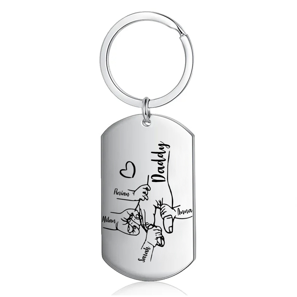 4 Names - Personalised Holding Hands Keyring with name and text Gift for Dad
