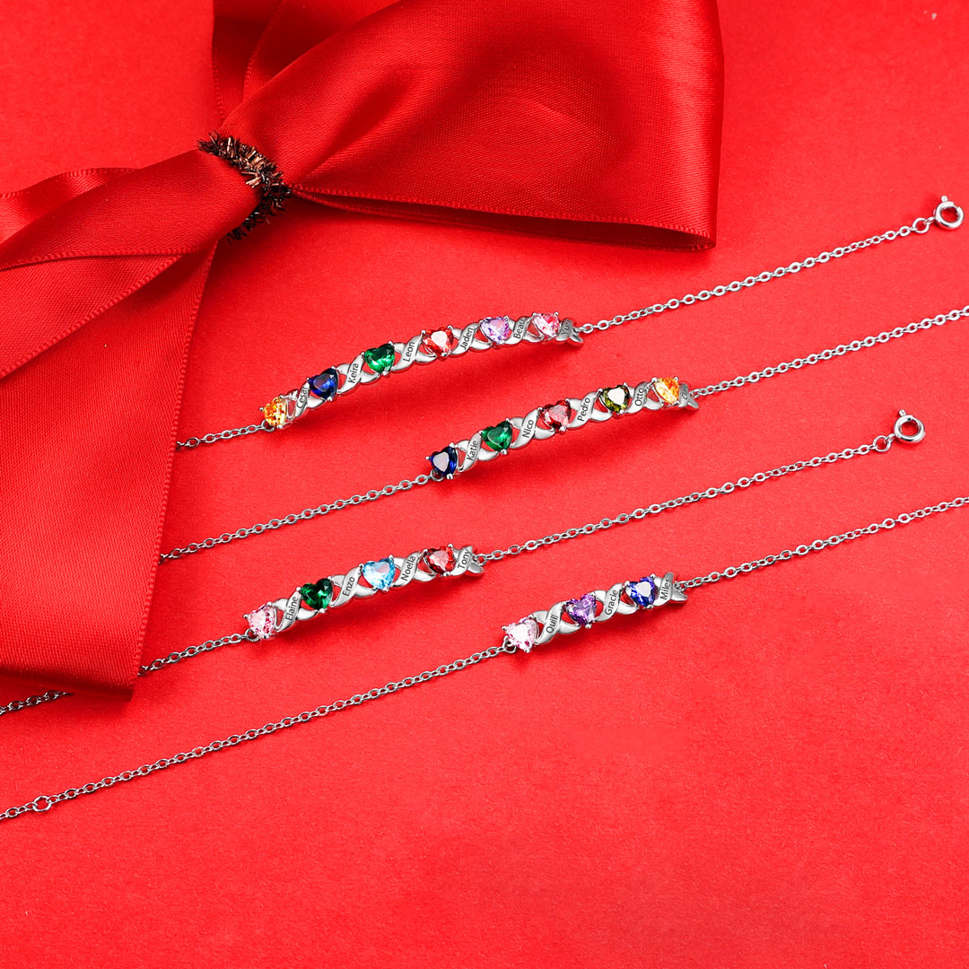 September Birthday Personalised Bracelet With 4 Heart Birthstones Engraved Names Bracelet Gift For Women
