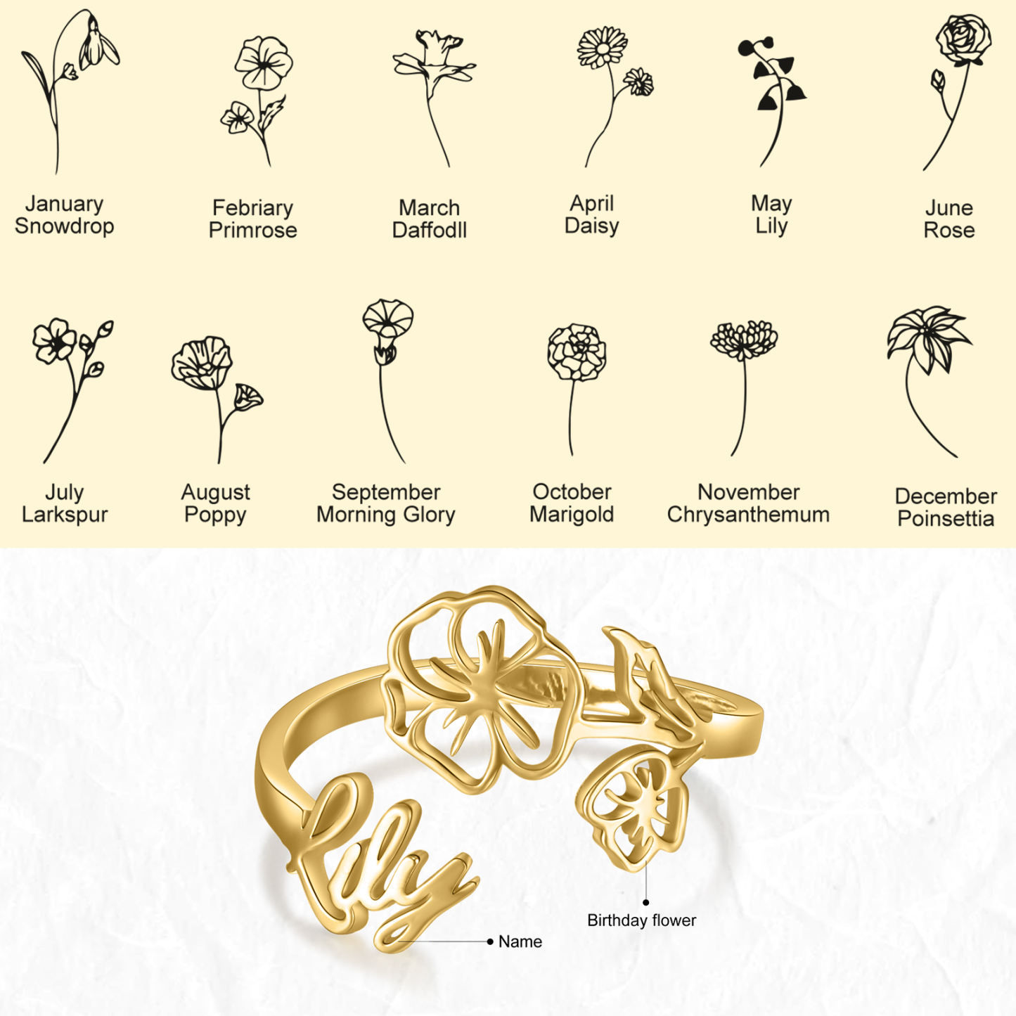 Personalized February Birth Flower Ring With Name Gifts For Her