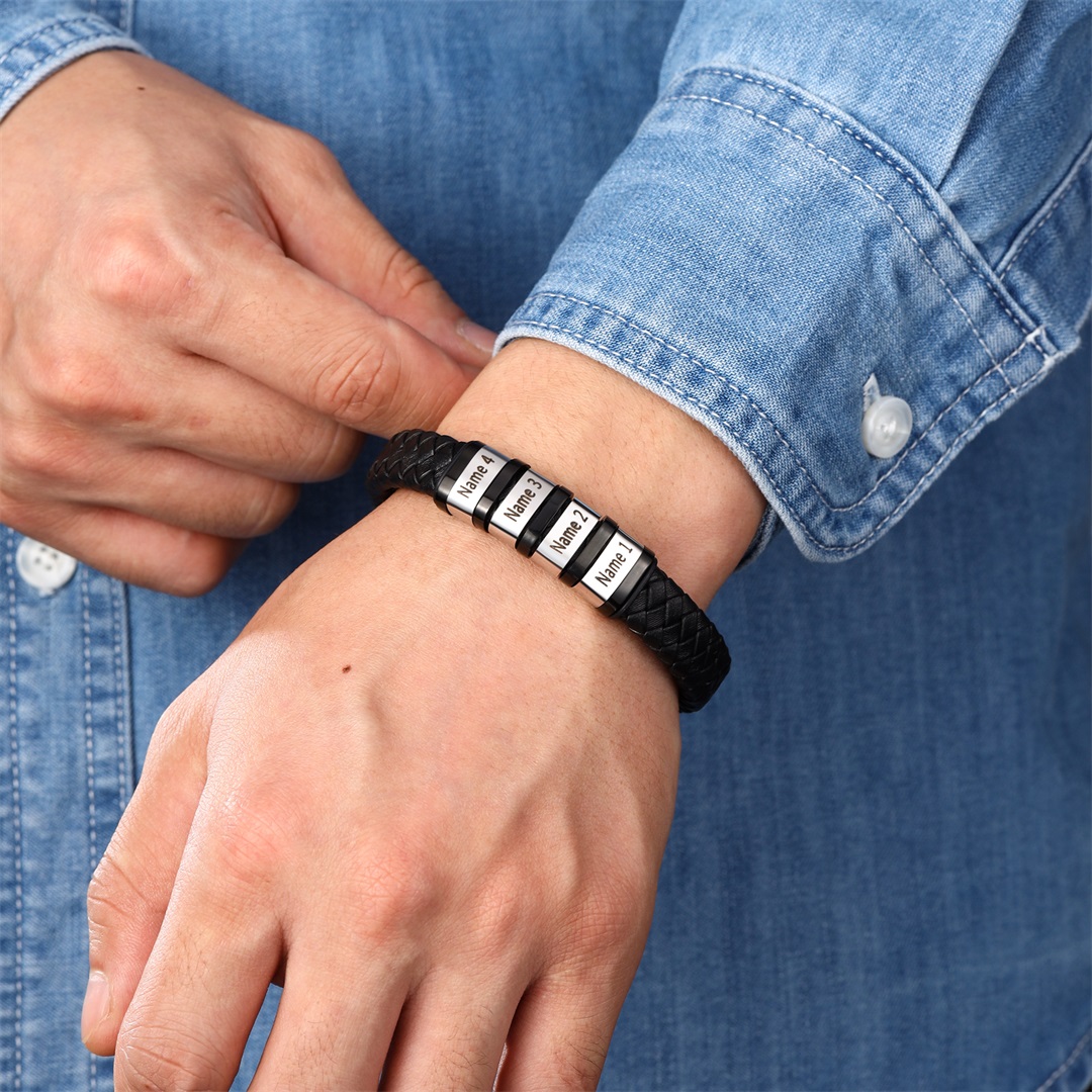 Men Leather Braided Bracelet Personalised with 4 Names 4 Beads Gift For Father's Day