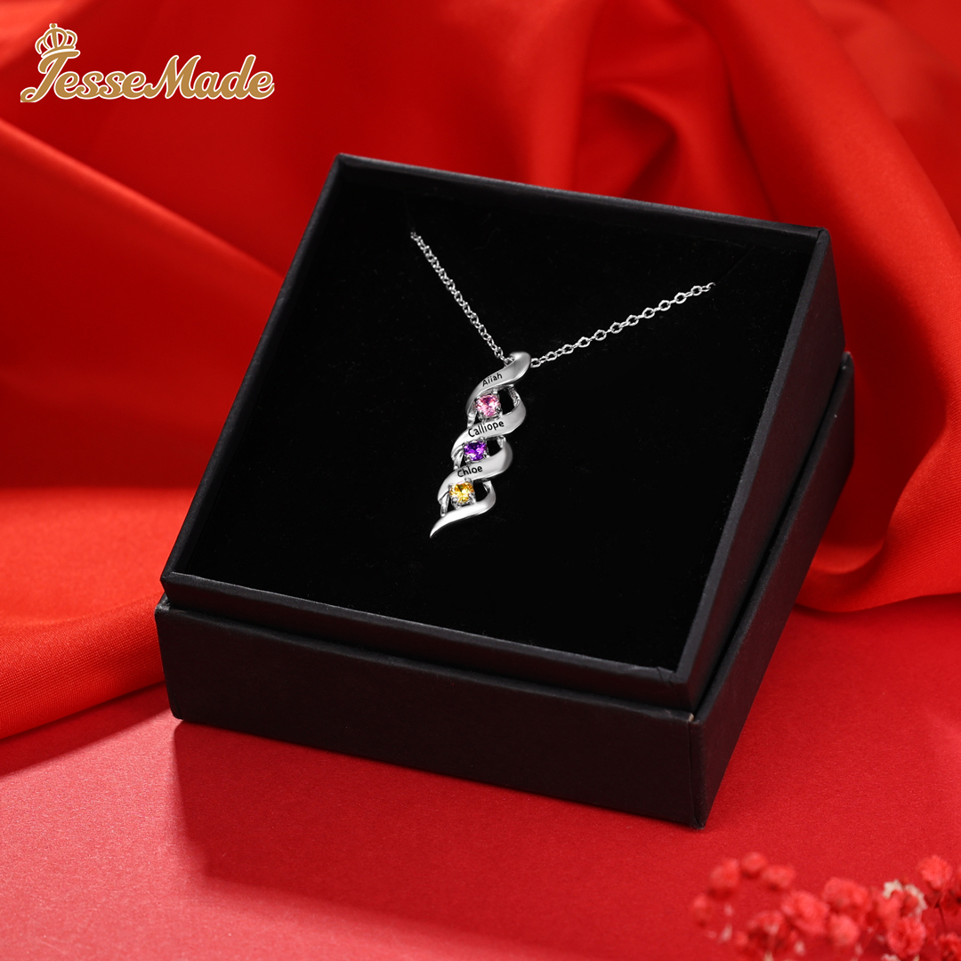 3 Names-Personalised Necklace Cascading Pendant with 3 Birthstones Engraving 3 Names Gifts for Her