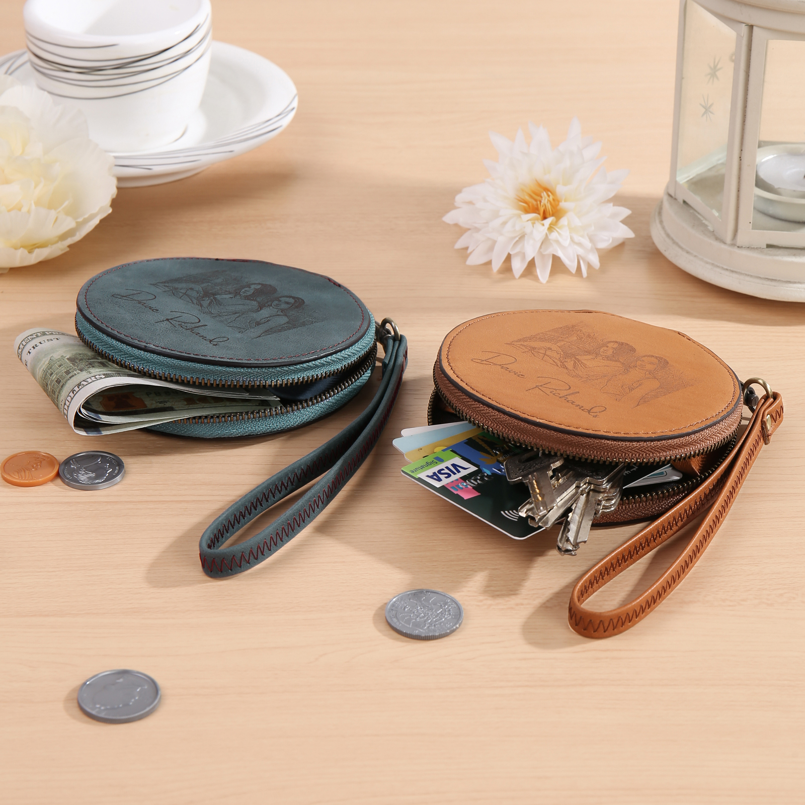 Custom Purse-Personalised Photo Quality Leather Round Zipper Wallet Custom Text Wallet Gift for Her