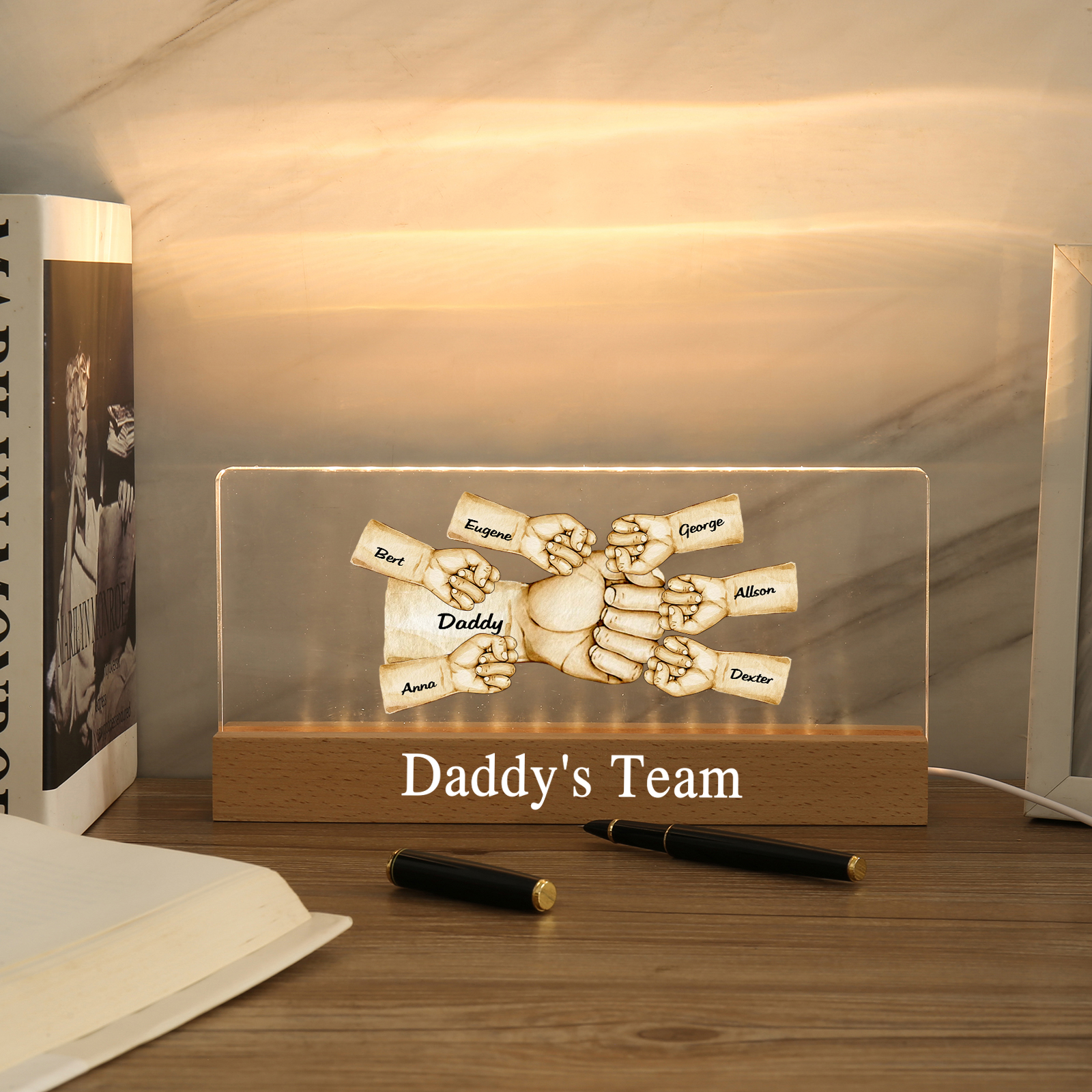 7 Names - Personalised Fist Bump Pattern Table Lamp Customized Text Father's Day Gift for Dad