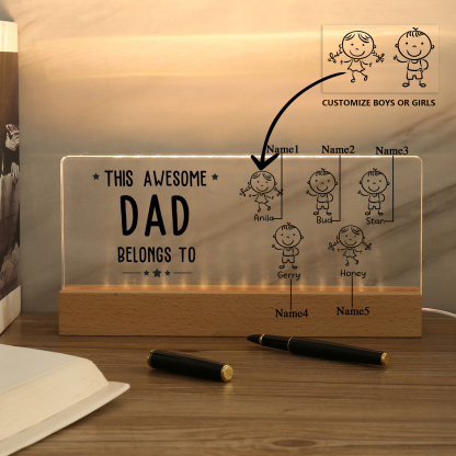5 Names & Doll Gender - Personalised Lamp -This Awesome Dad  Belongs To - Father's Day Gift for Dad