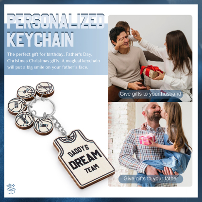 Personalised Text and 5 Names Wooden Basketball Keyring For Dad
