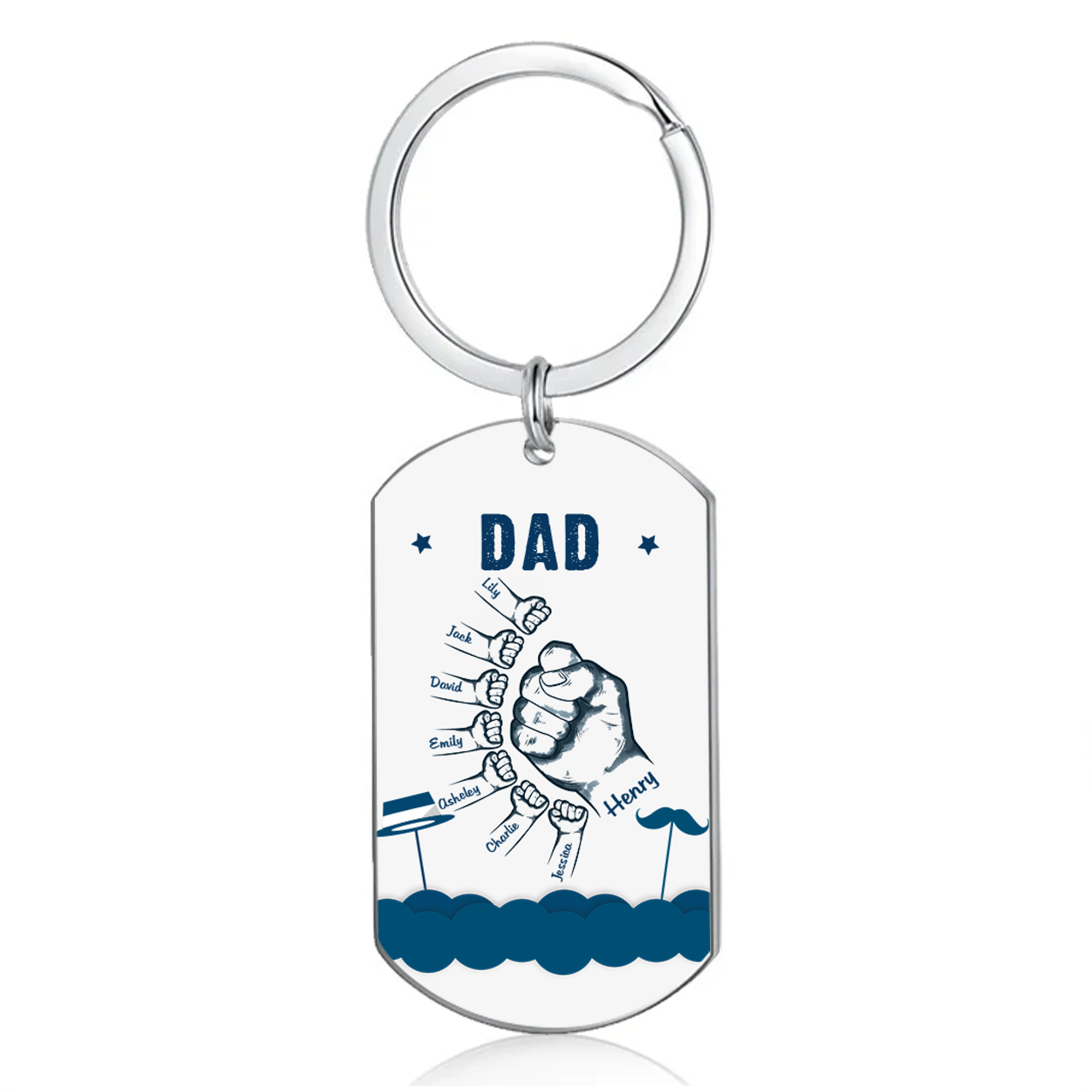 8 Names - Personalised Custom Fist Bump Keyring Hat and Beard Style Keyring Gift for Dad
