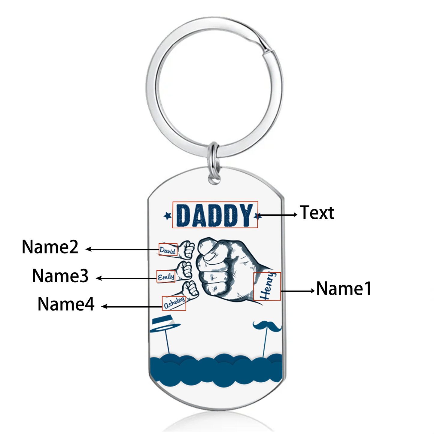 4 Names - Personalised Custom Fist Bump Keyring Hat and Beard Style Keyring Gift for Dad