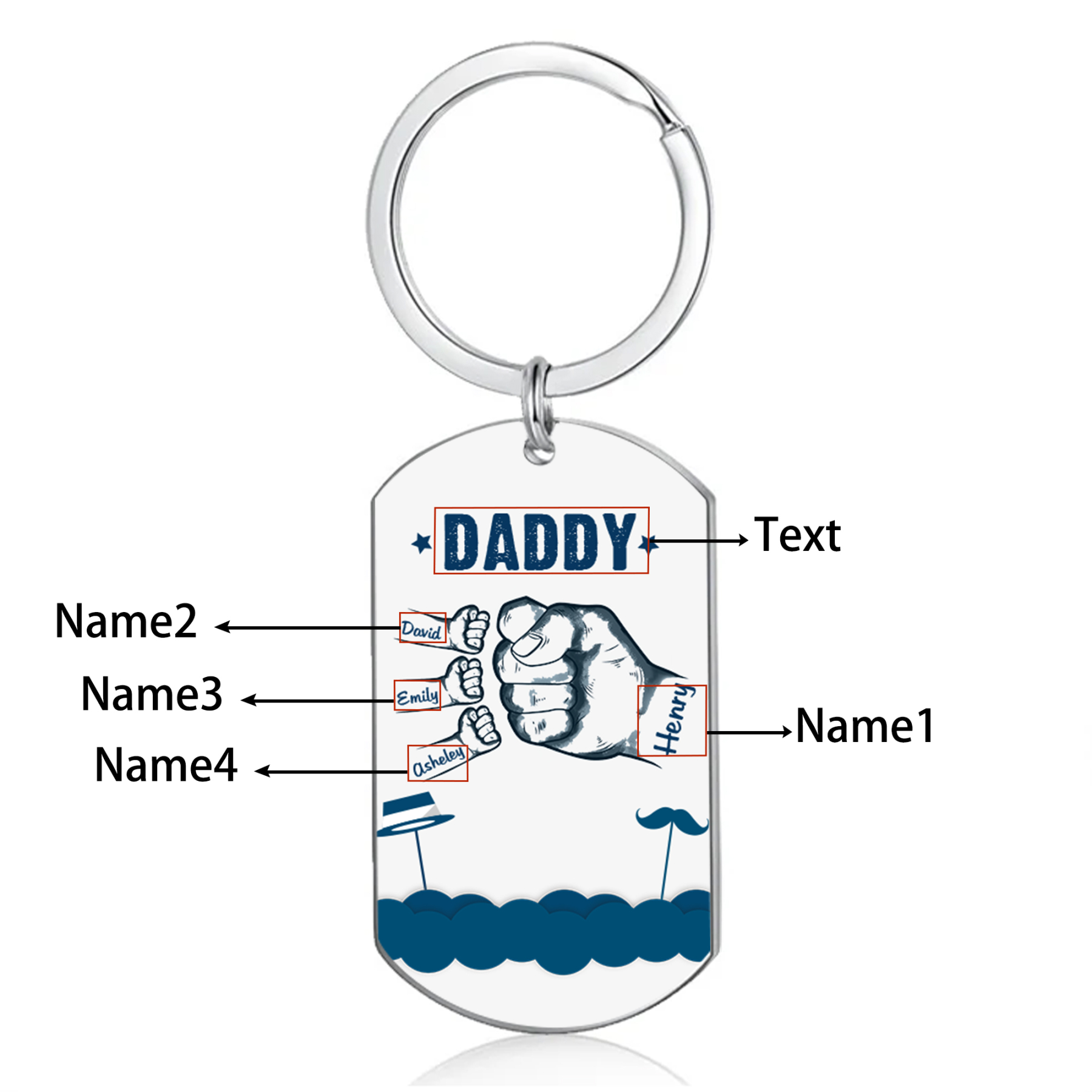 4 Names - Personalised Custom Fist Bump Keyring Hat and Beard Style Keyring Gift for Dad