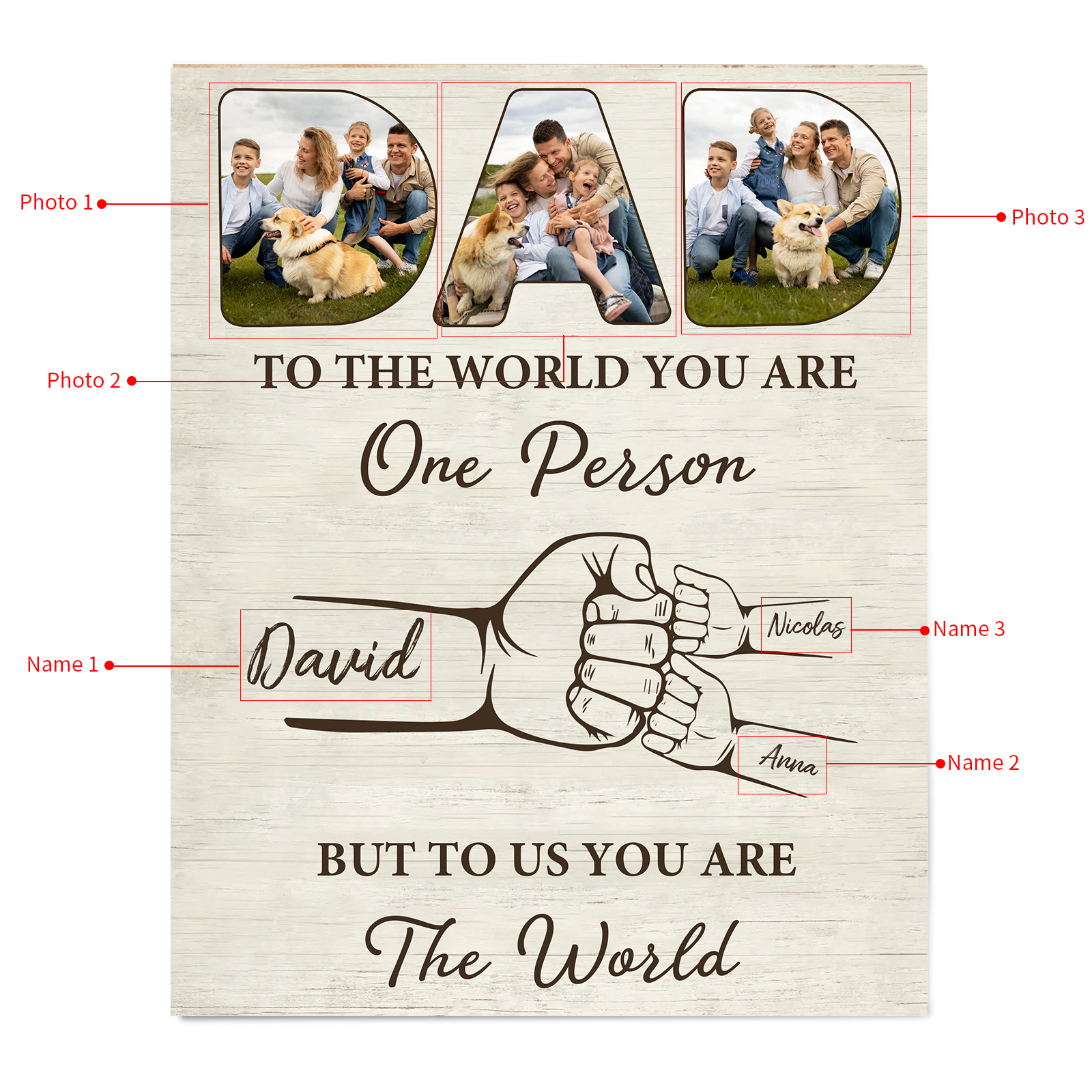 3 Names - Personalised Photos Fist Bump Home Wood Panel Painting Decorations Father's Day Gift for Dad