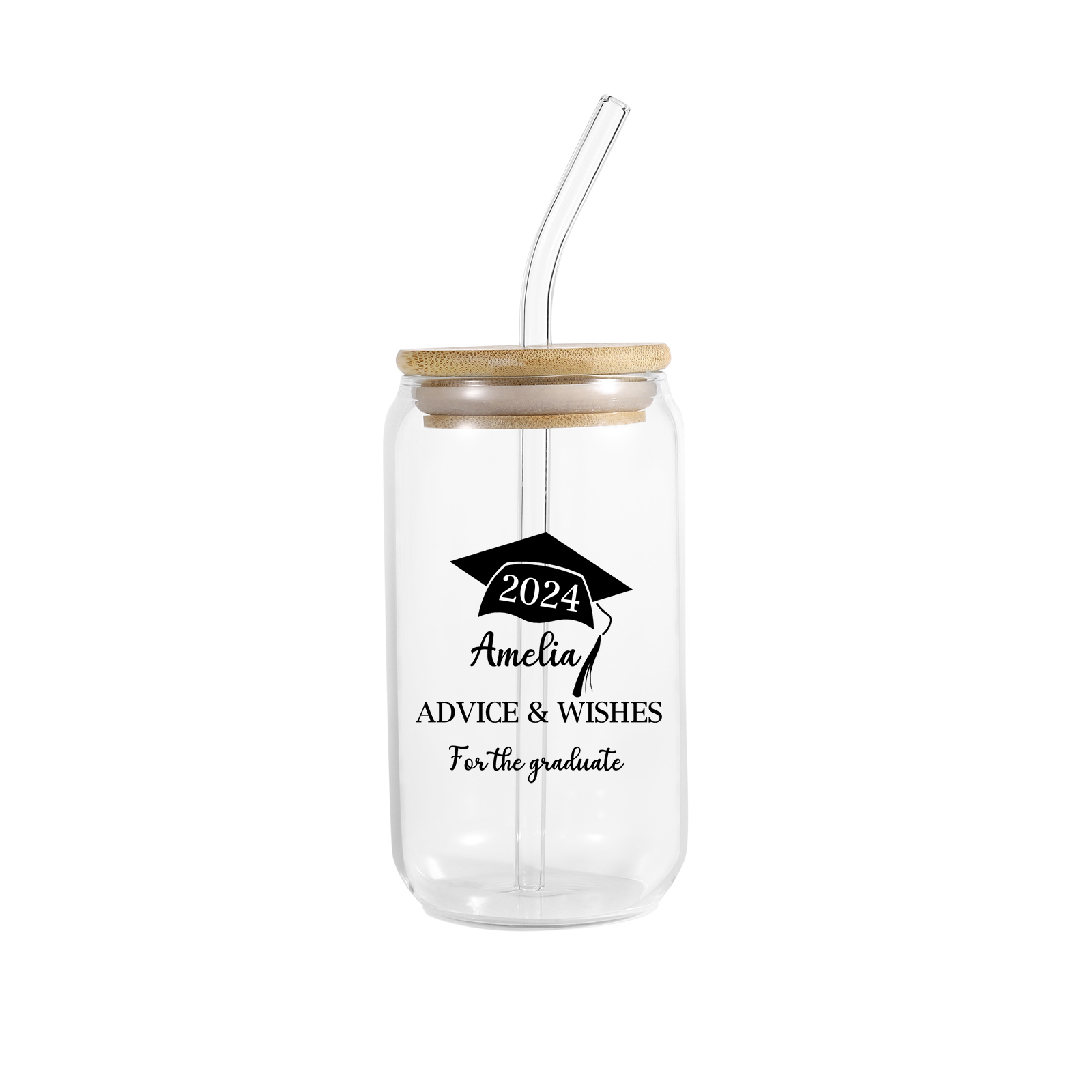 2024 Graduation Gift - Personalised Custom Text, Name and Year Glass with Glass Straw