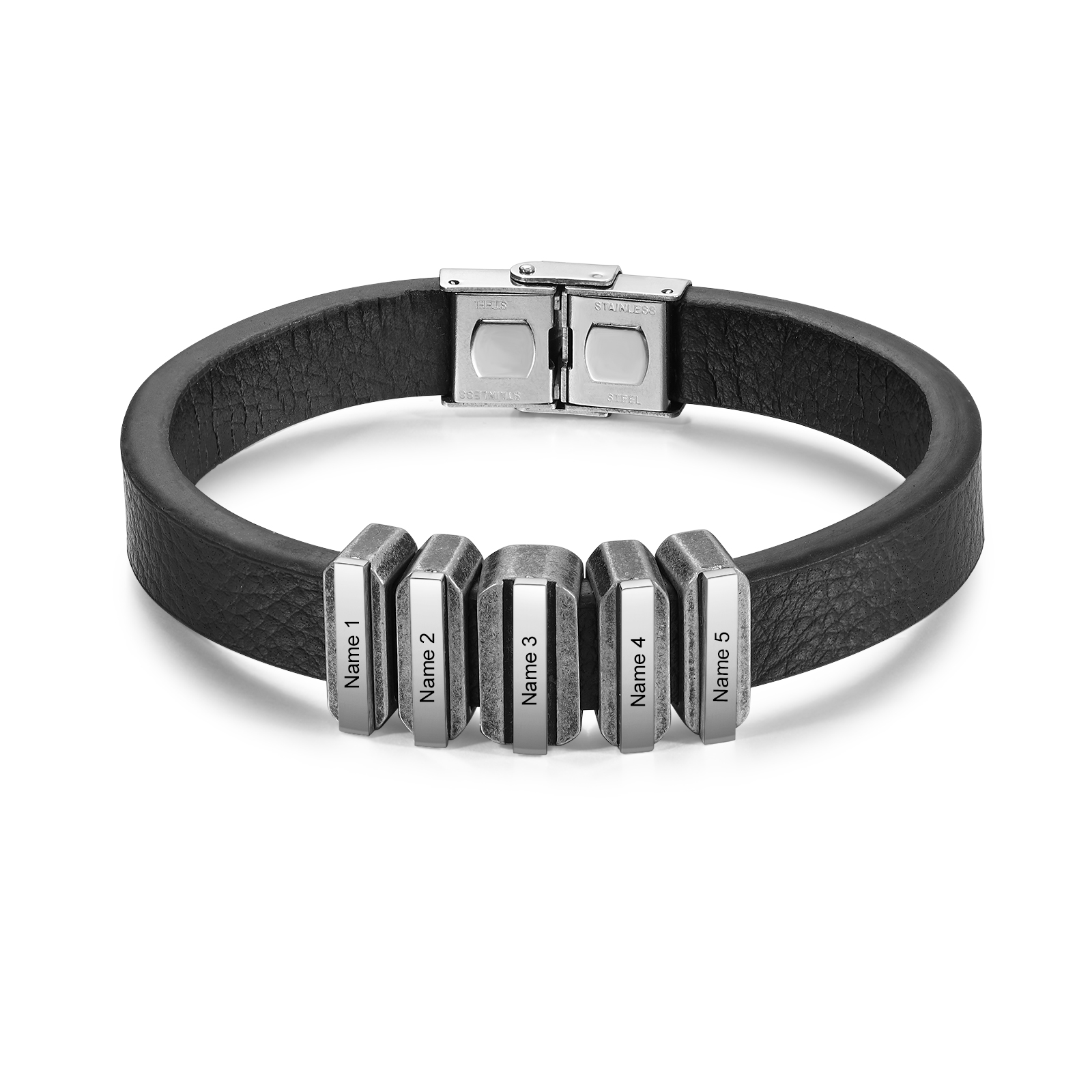 5 Names Personalised Stainless Steel Leather Bracelet Engraved Name Men's Bracelet Gift for Dad