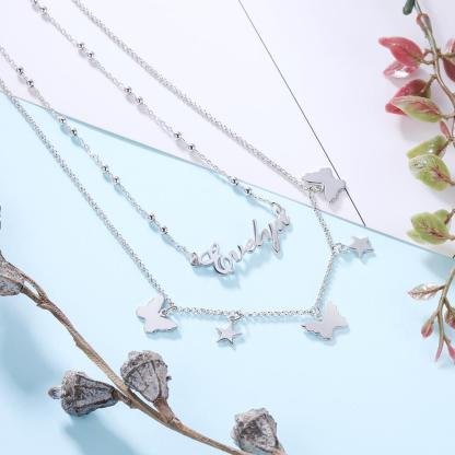 Personalised Stacked Butterfly Necklace Custom 1 Name Necklace Gift For Her