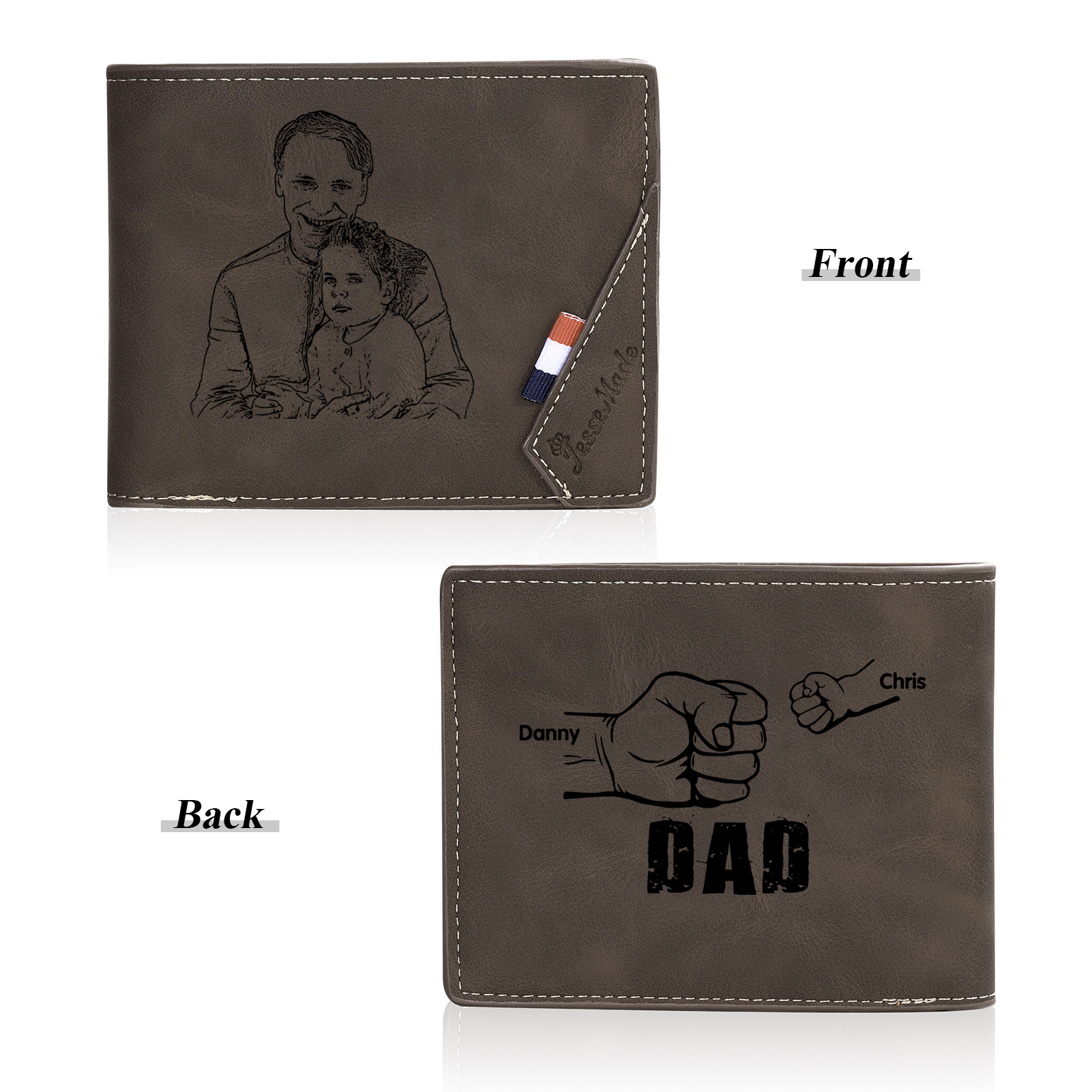 2 Names - Personalised Fist Bump Photo Custom Leather Men's  Wallet as a Father's Day Gift for Dad