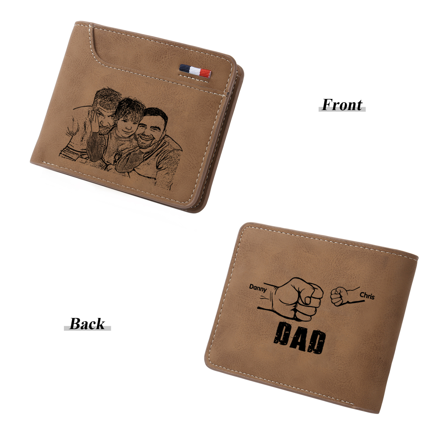 2 Names - Personalised Photo Custom Leather Men's Folding Wallet as a Father's Day Gift for Dad