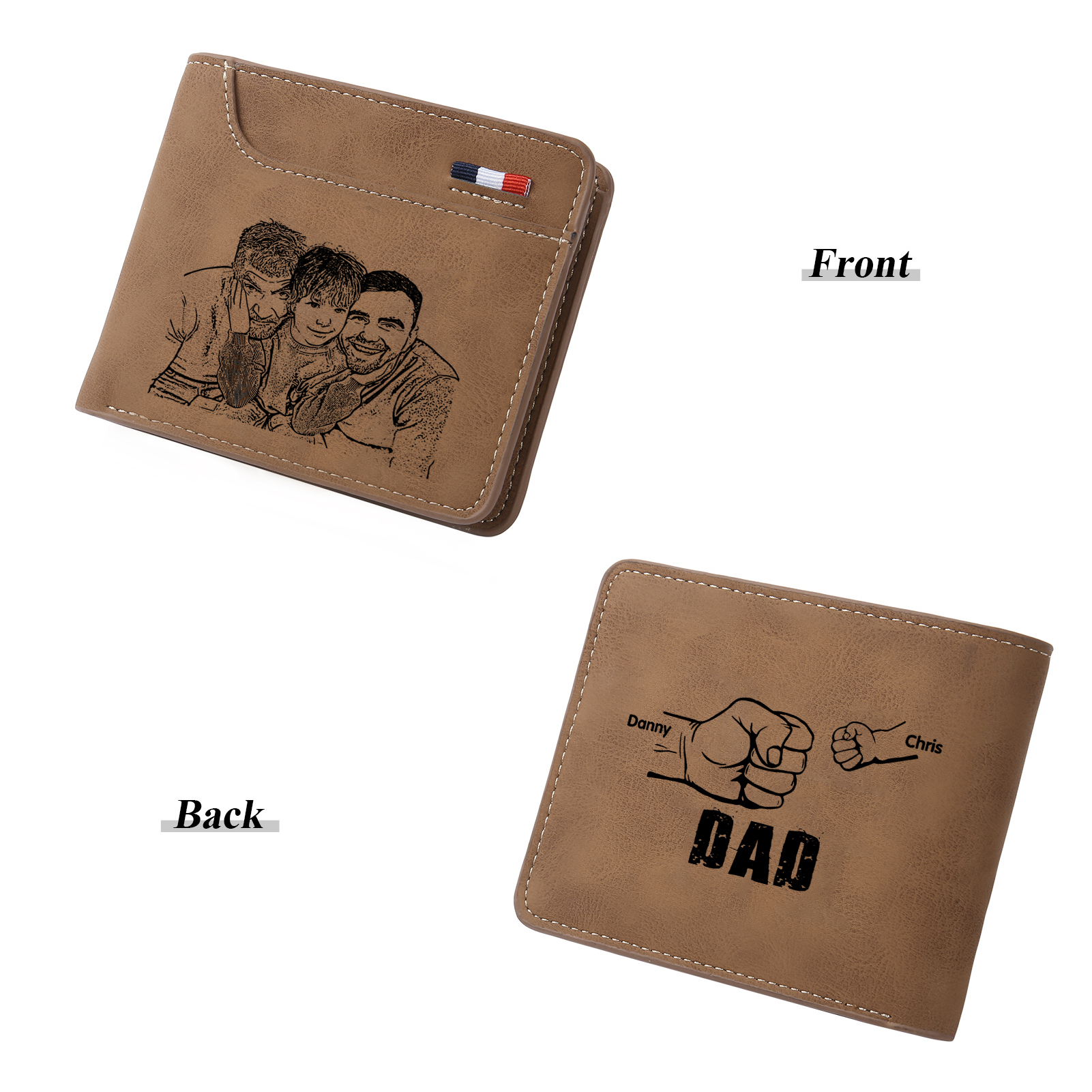 2 Names - Personalised Photo Custom Leather Men's Folding Wallet as a Father's Day Gift for Dad