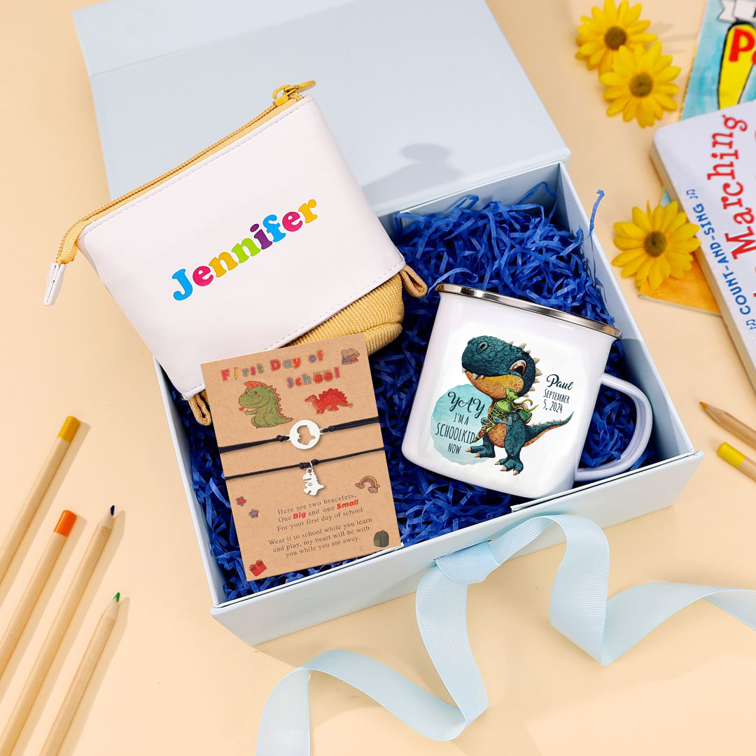 Back to School Gift Set -Personalized Gift Customized Name and Date Enamel Mug and Yellow Pencil Case and Dinosaur Bracelet Set - Gift for Kids
