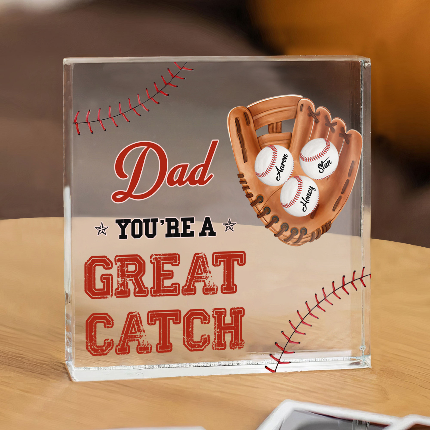 3 Names - Personalised Baseball Acrylic Keepsake Customized Name and Text Acrylic Plaque Ornament Father's Day Gift for Dad