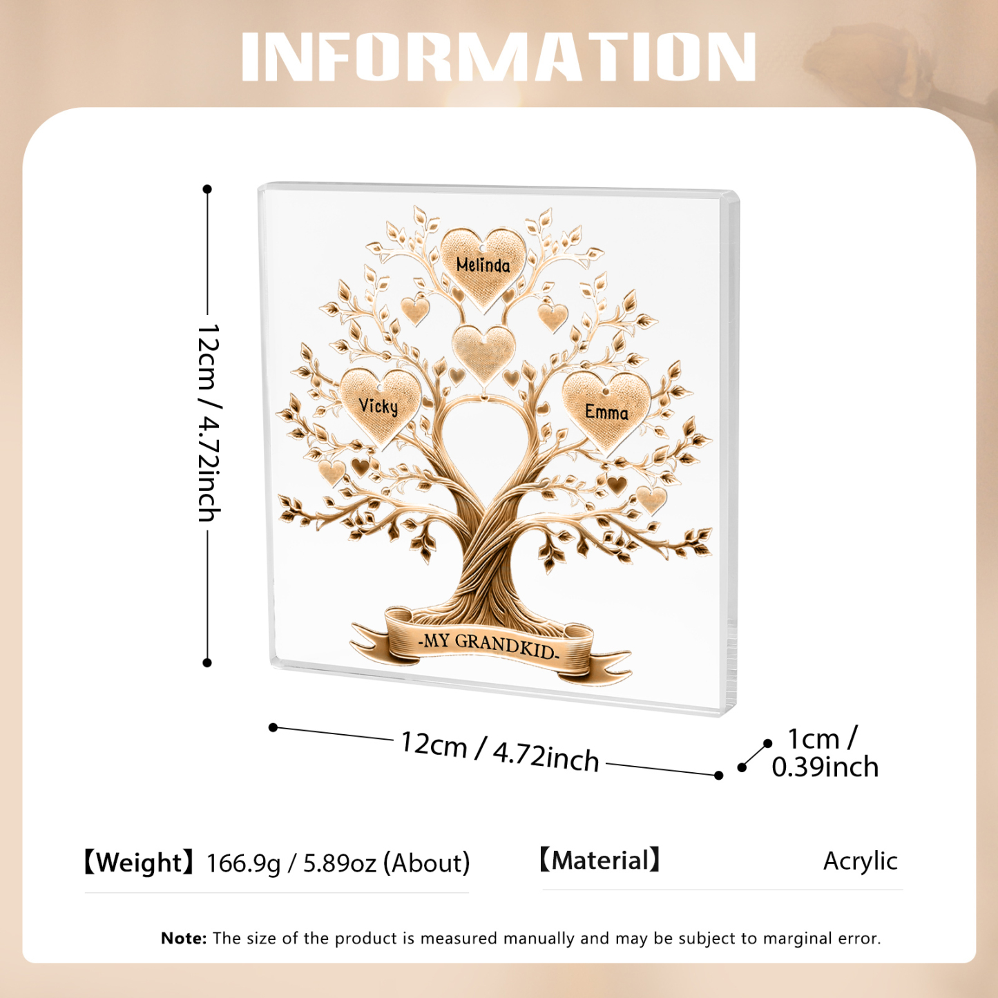 3 Names-Personalised Family Tree Acrylic Keepsake-Custom Text and Names-Acrylic Plaque Home Decoration Gift for Family/Dad/Grandad