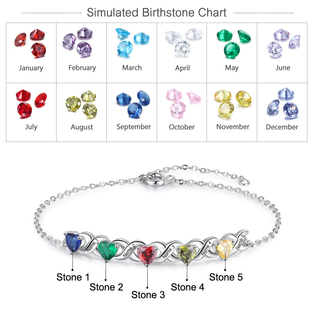 Personalised Bracelet With 5 Heart Birthstones Engraved Names Bracelet Gift For Women