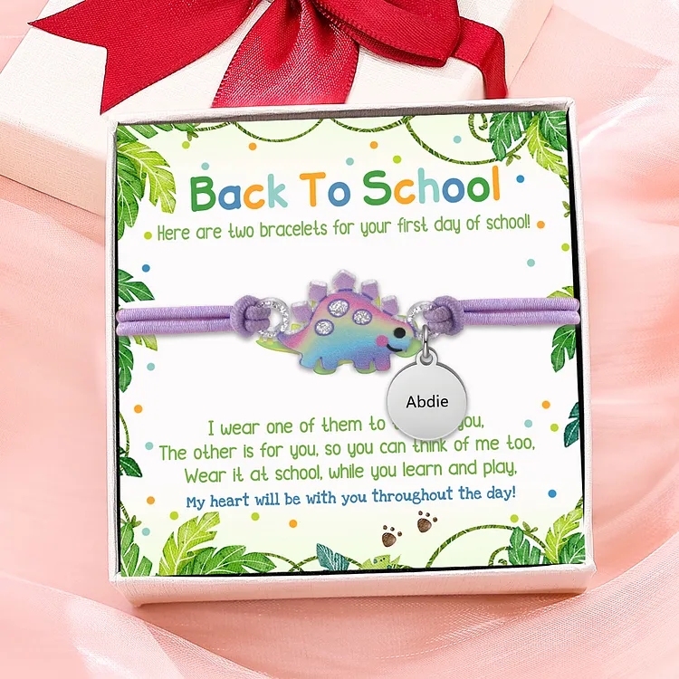 2 PCS Bracelet Set Custom Names Purple Dinosaur Charm Hair Ties Back To School Gift for Girls - My Heart Will Be With You Throughout The Day
