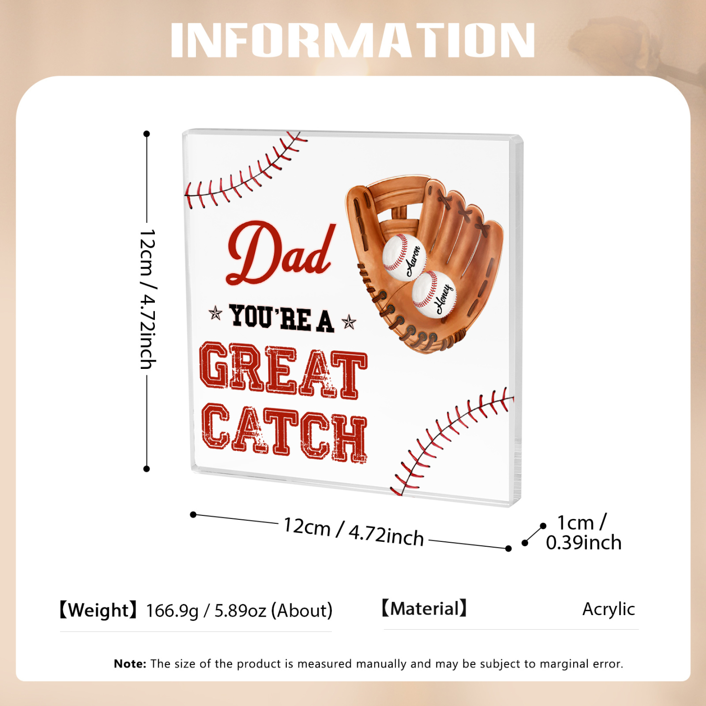 2 Names - Personalised Baseball Acrylic Keepsake Customized Name and Text Acrylic Plaque Ornament Father's Day Gift for Dad