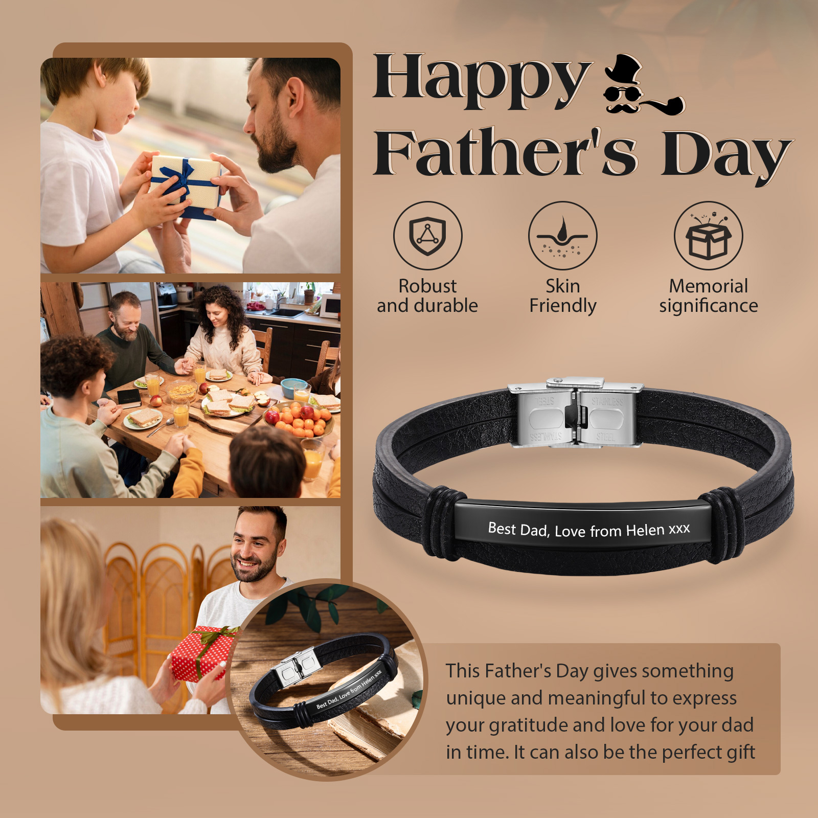 Personalised Text Black Leather Bracelet Men's Bracelet Father's Day Gift for Dad