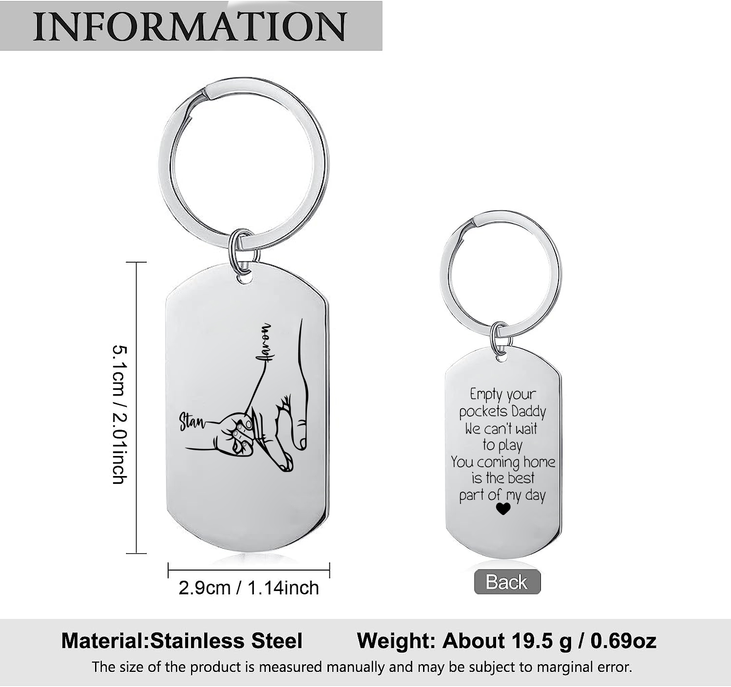 2 Names - Personalised Father Name Holding Keyring Customized Name Keyring Gift for Dad