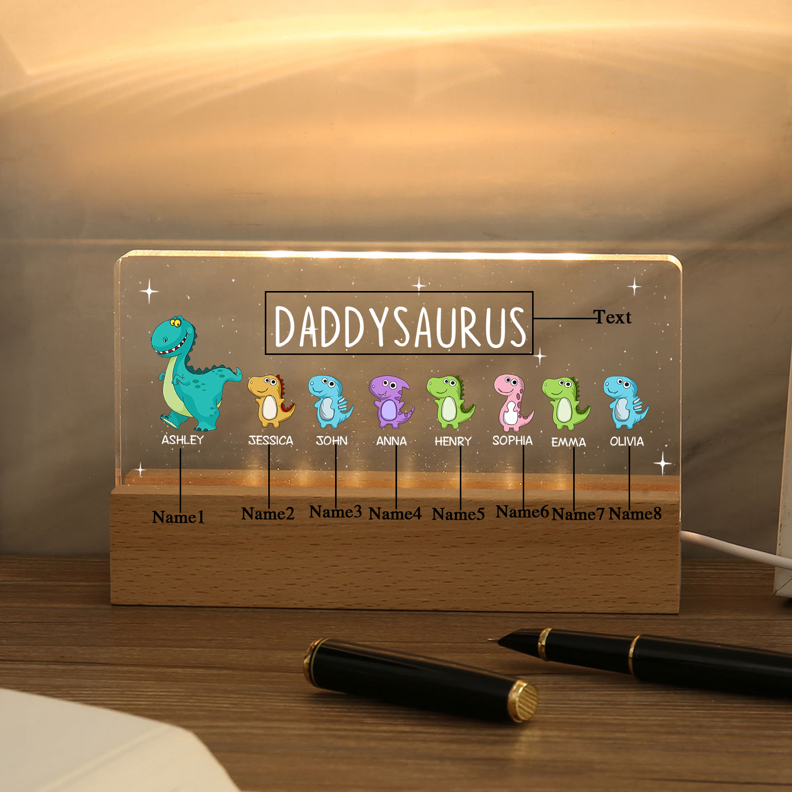 8 Names - Personalised Cute Dinosaur Pattern Beautiful Table Lamp Father's Day Gift for Dad