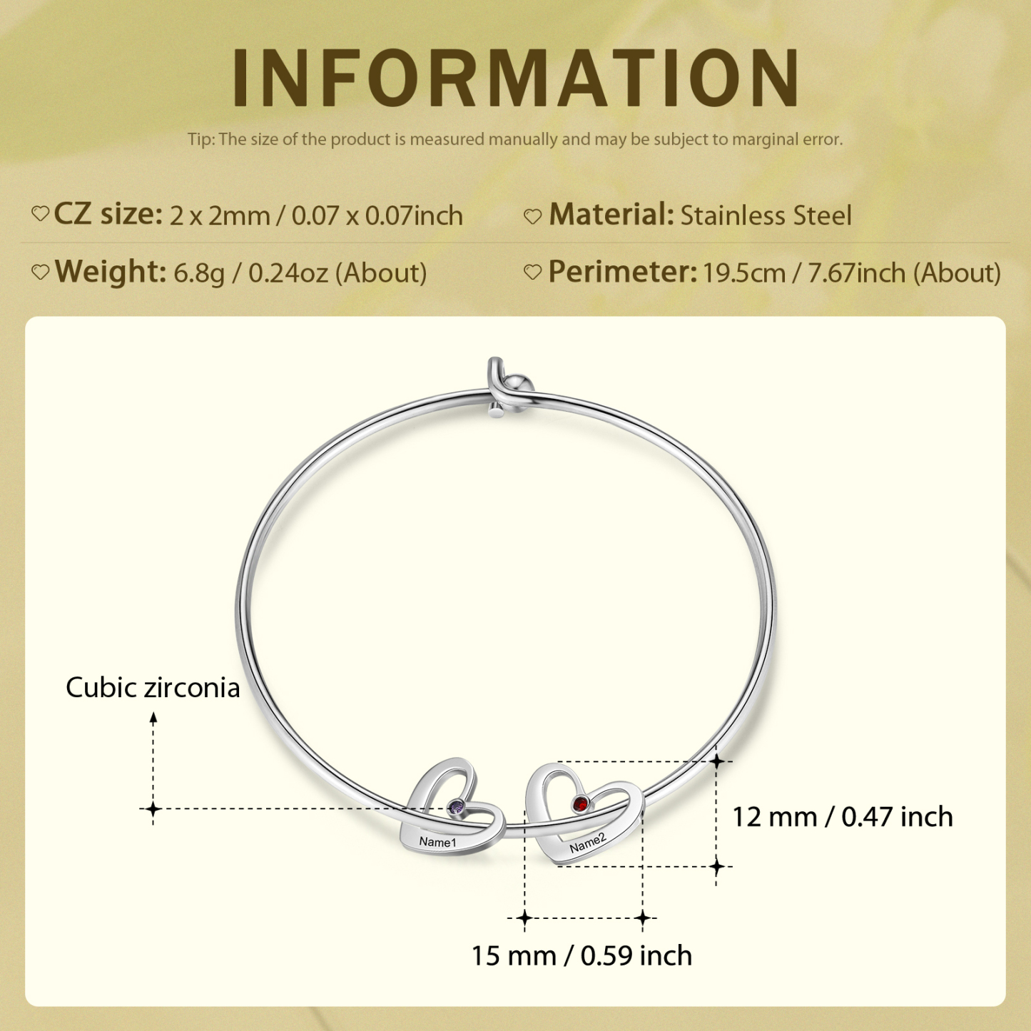 Personalised Heart Bangle With 2 Names and Birthstones Bangle Bracelet Mother's Day Gifts For women
