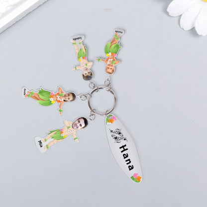 4 Names - Personalised Hawaiian Style Keyring With 4 Photo,4 Name and Text, Gift For Family