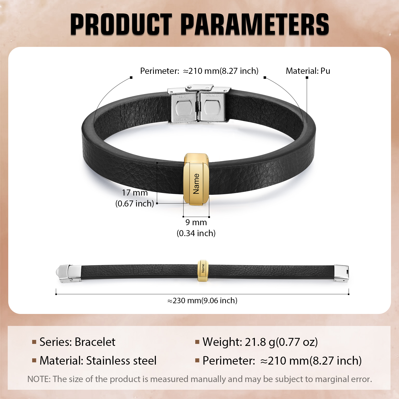 1 Name Personalised Stainless Steel Leather Bracelet Engraved Name Men's Bracelet Gift for Dad