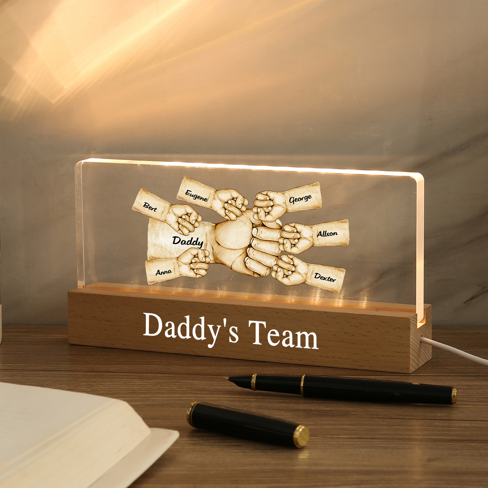 7 Names - Personalised Fist Bump Pattern Table Lamp Customized Text Father's Day Gift for Dad